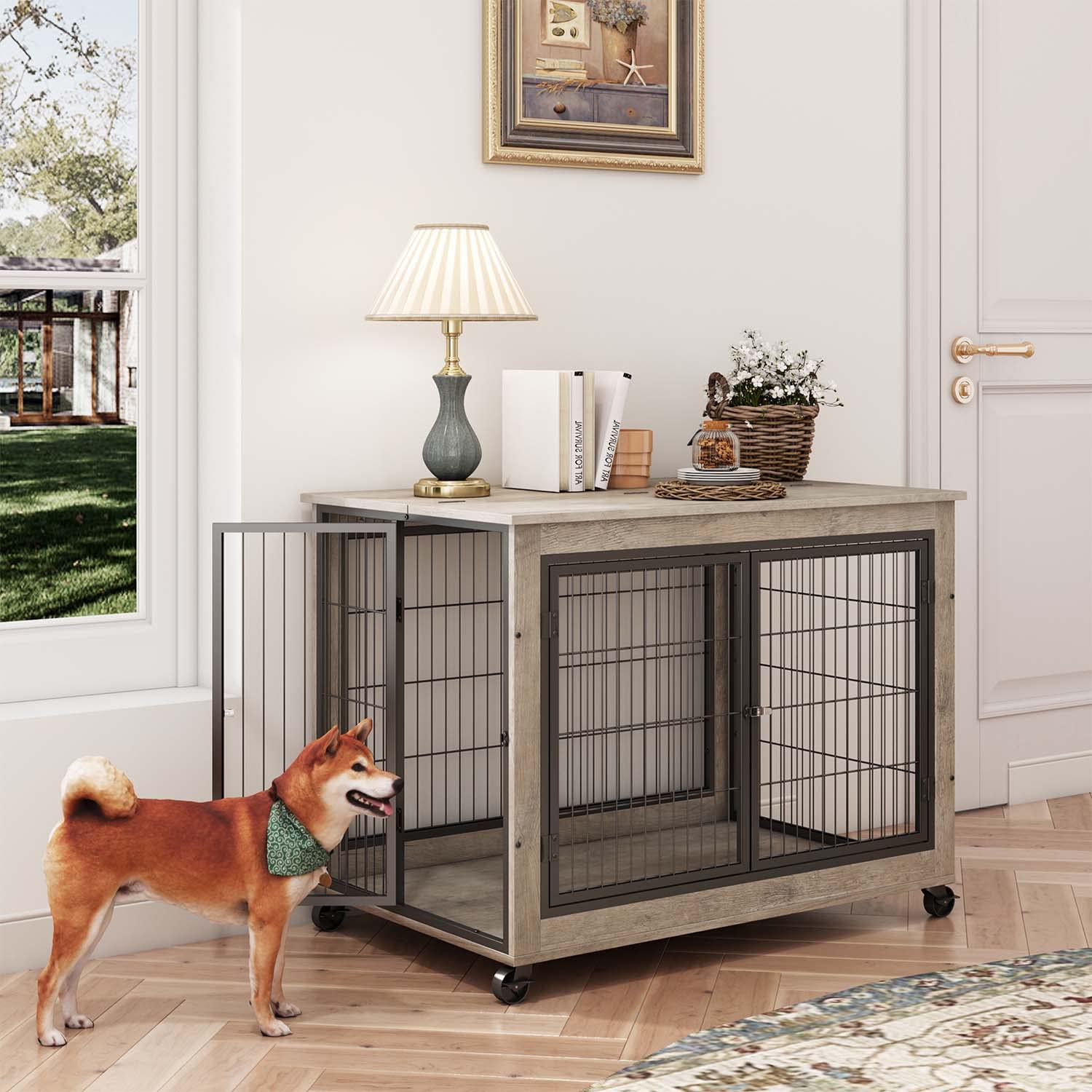 IchbinGo Wooden Dog Crate Furniture, 38.5 Dog Kennel with 3 Doors, Flip-up Top Opening and Wheels, Decorative Pet Crate Dog Hous