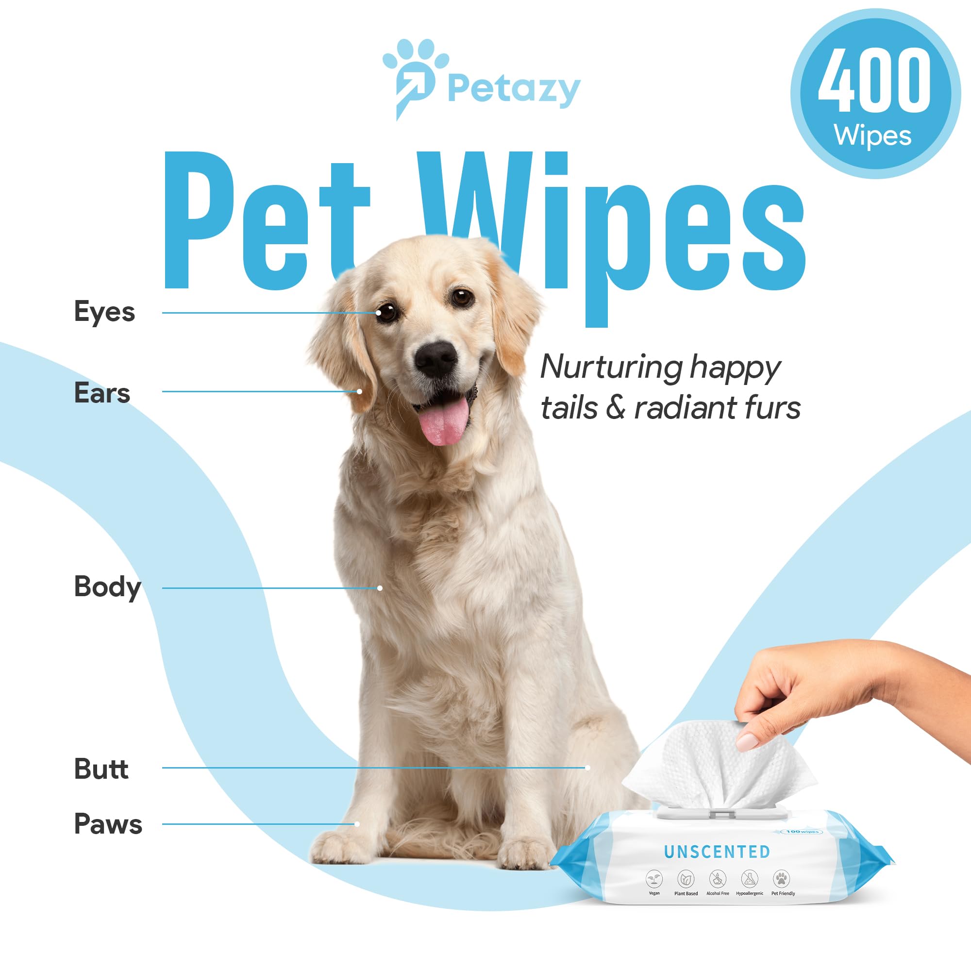 Petazy 400 Dog Wipes For Paws And Butt Ears Eyes | Organic Pet Wipes For Dogs | Unscented Dog Wipes Cleaning Deodorizing | Extra