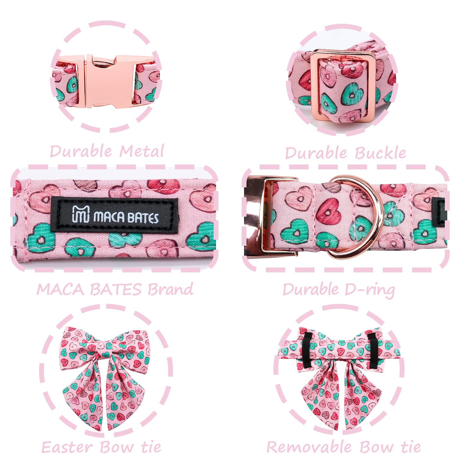 Maca Bates Valentines Sweet Heart Dog Collar with Bow Bowtie for Dogs Sailor Bow Tie Adjustable Breakaway Pink Collars Accessori
