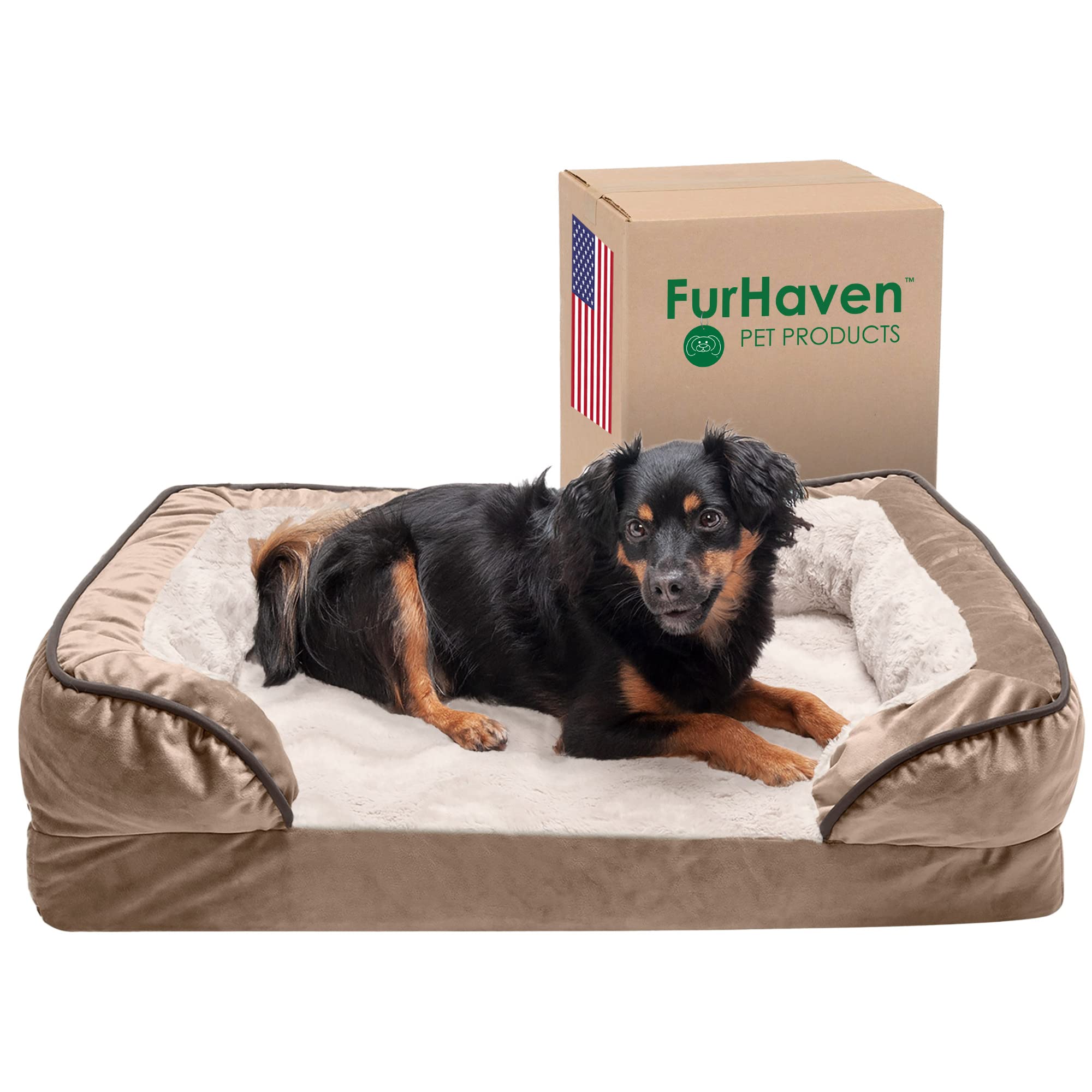Furhaven Cooling Gel Dog Bed for Medium/Small Dogs w/ Removable Bolsters & Washable Cover, For Dogs Up to 35 lbs - Plush & Velve