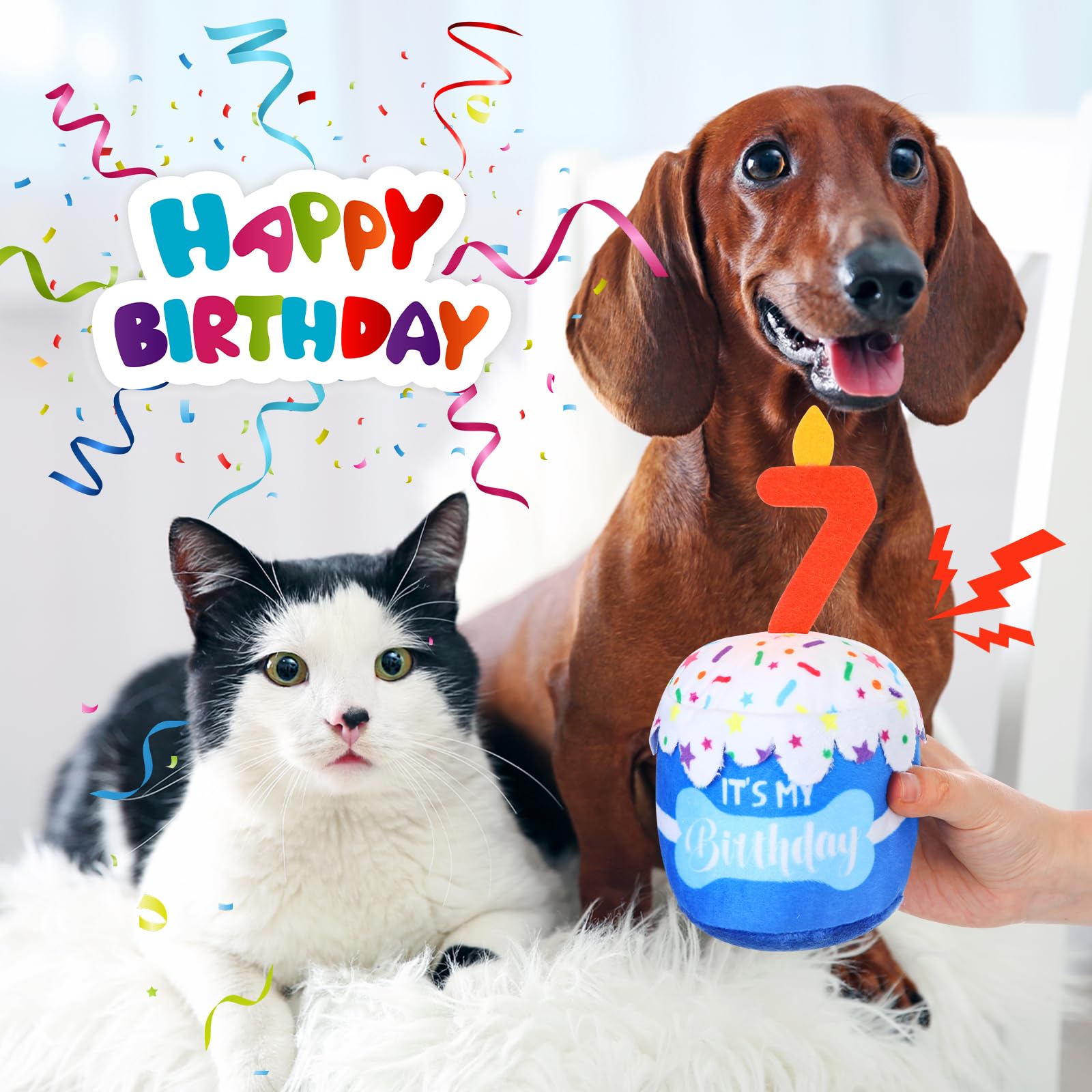 Dansydaisy Dog 7Th Birthday Cake Toy Accessories For Girl Boy Gifts, Blue Squeaky Plush Toy For Dog Birthday Party Decor Favor F