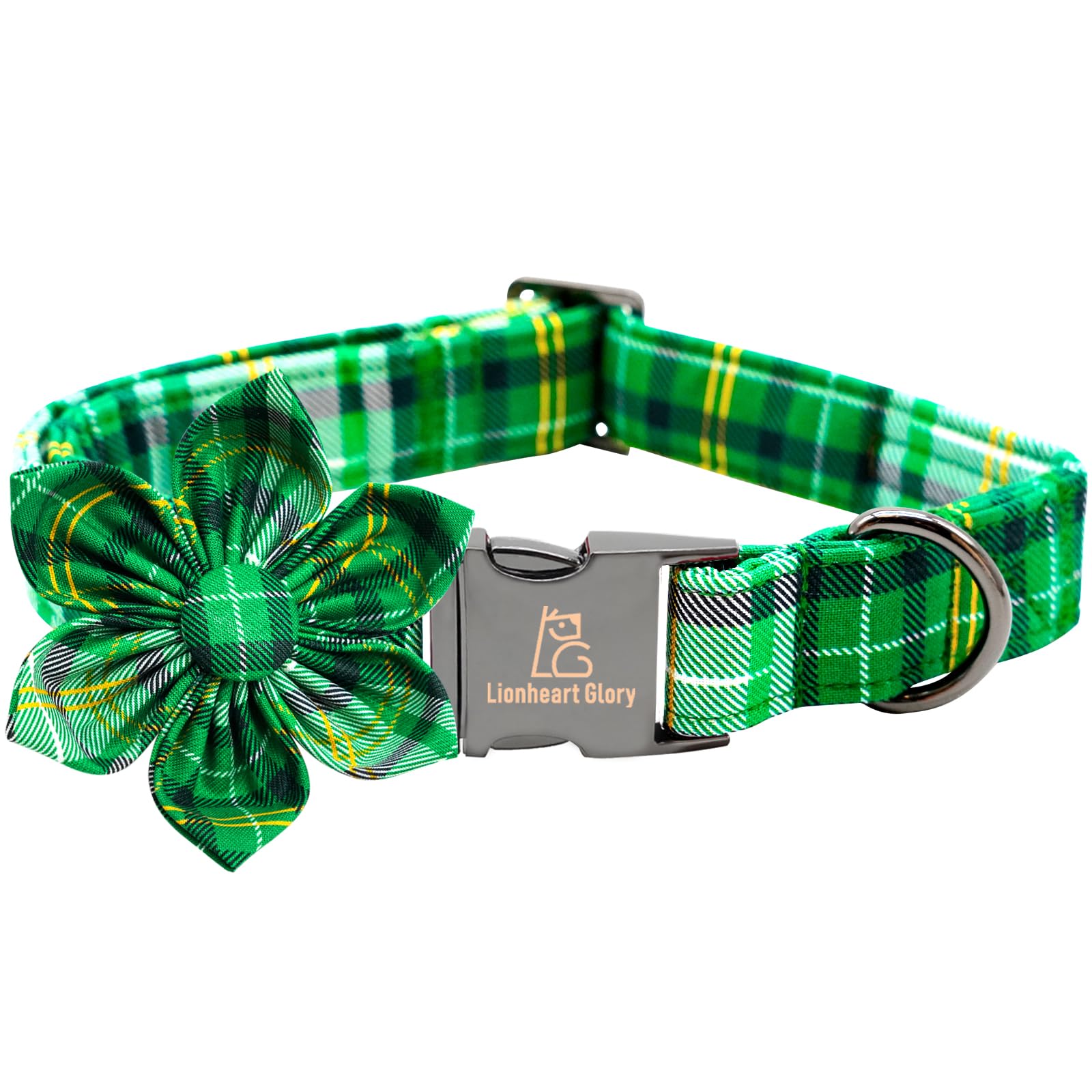 Lionheart Glory St. Patrick'S Day Dog Collar With Flower Dog Collar For Large Dogs, Green Plaid Collars Spring Dog Collar Flower