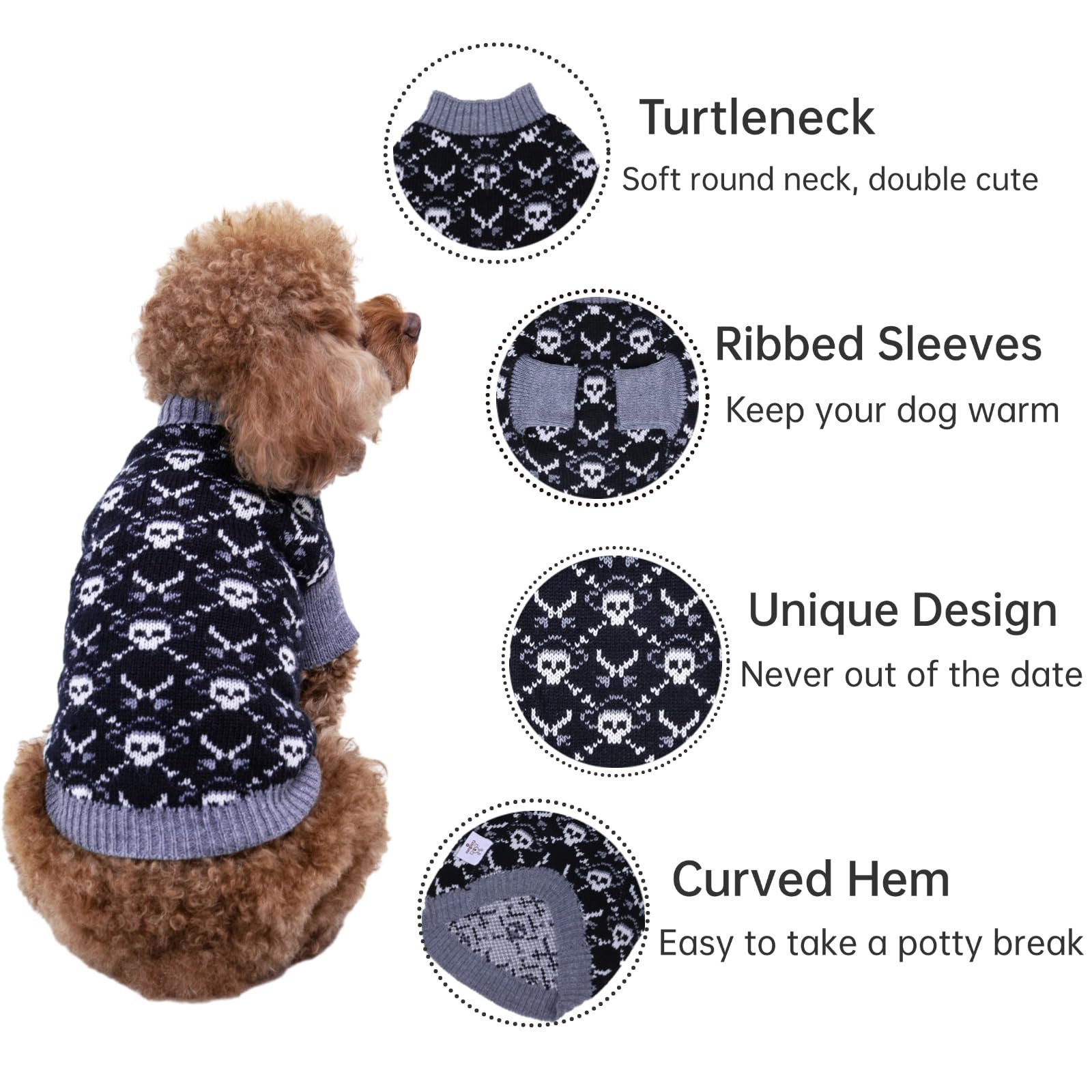 Cutebone Skull Dog Sweater - Black Dog Sweatshirt With Leash Hole For Medium Puppies