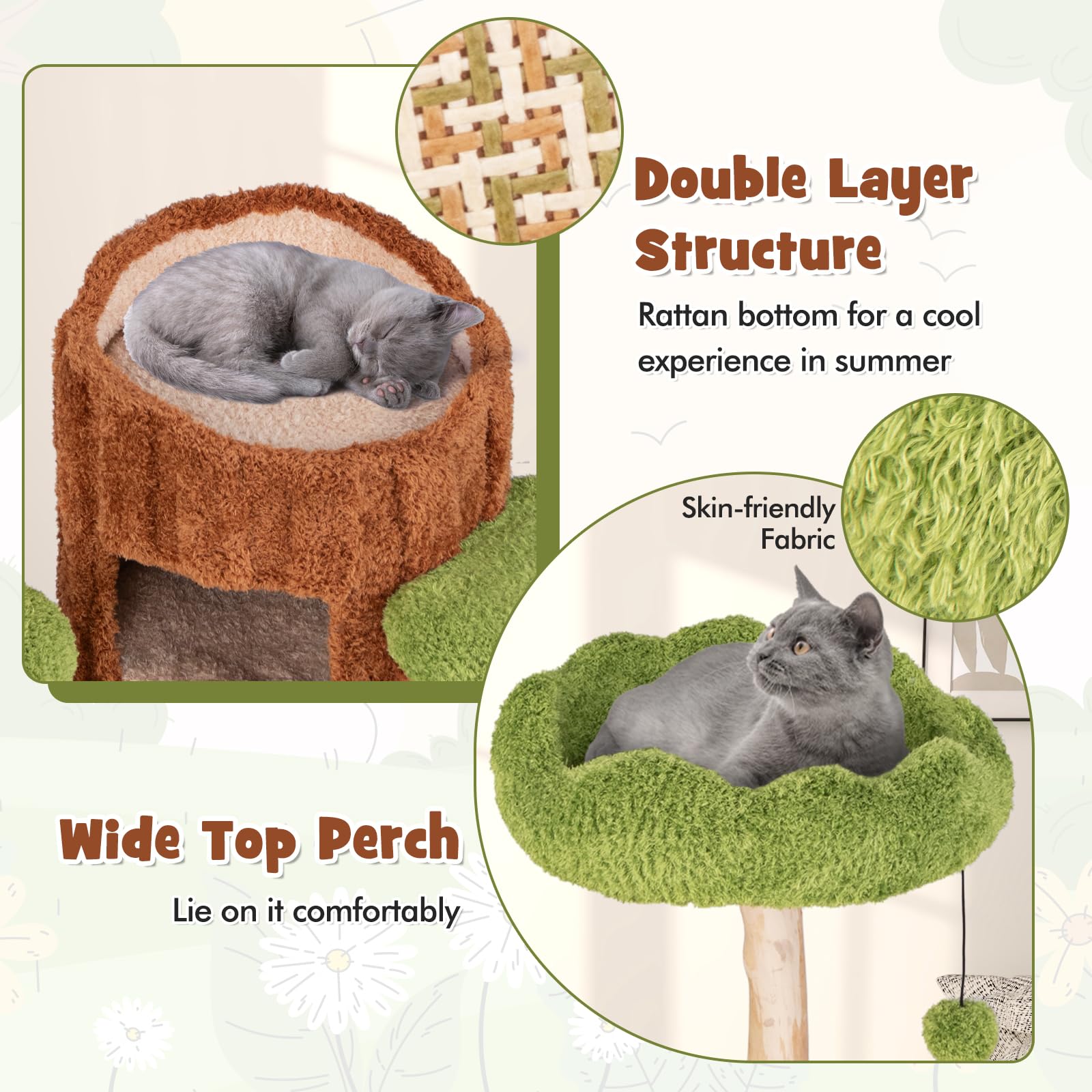 Petsite 55 Inch Wood Cat Tree, Multi-Level Cat Tower With Double Decker Cat House, Scratching Posts And Sisal Board, Soft Padded