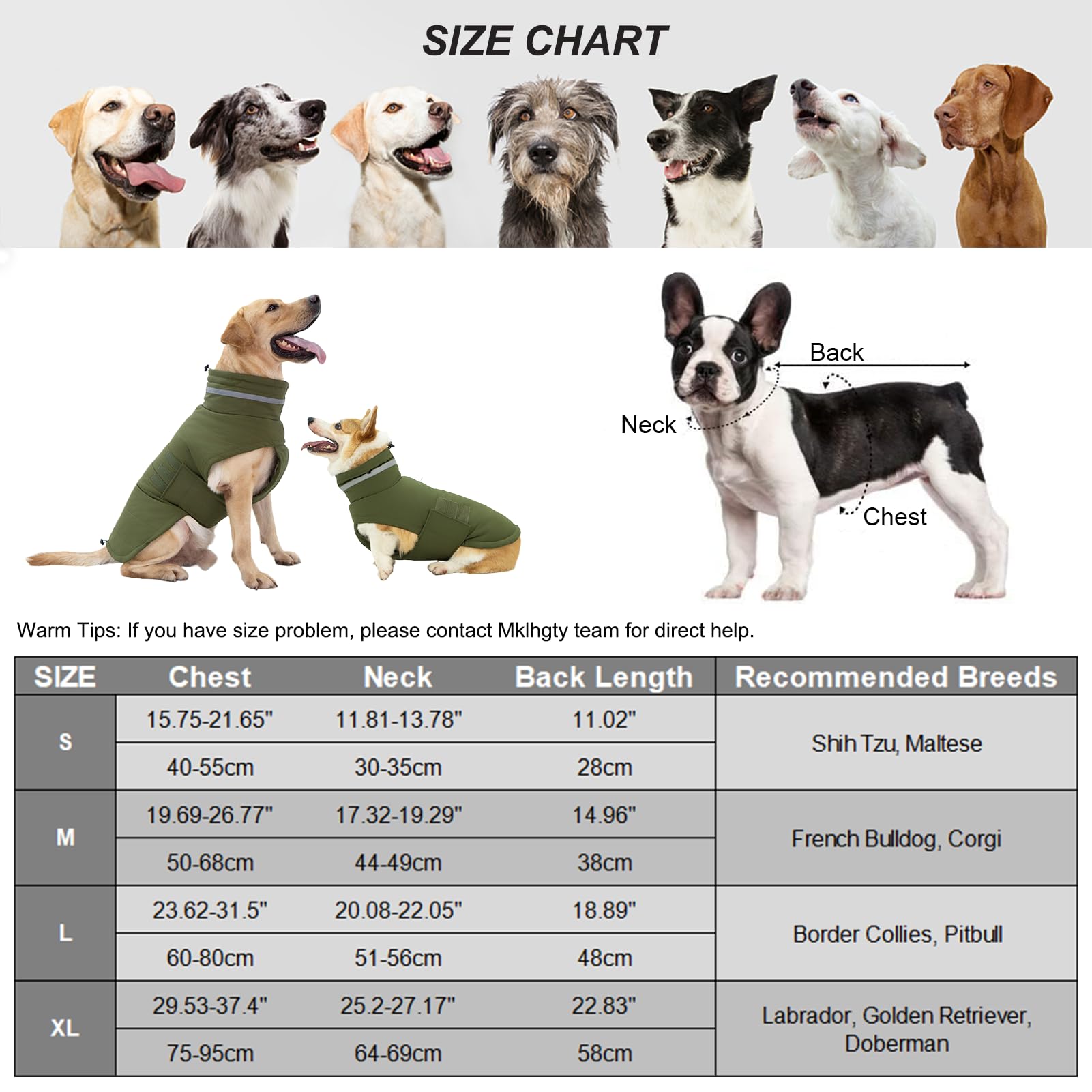 Mklhgty Dog Coat - Waterproof, Warm, Windproof Jacket for Small Dogs - Green, Reflective, Adjustable Turtleneck
