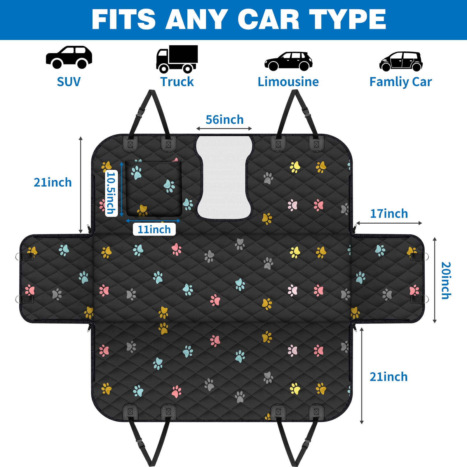 Beneathyourfeet Dog Seat Cover (56'' W X 62'' L, Colored Paw Prints) Scratch Prevention Dog Car Seat Cover For Back Seat Waterpr