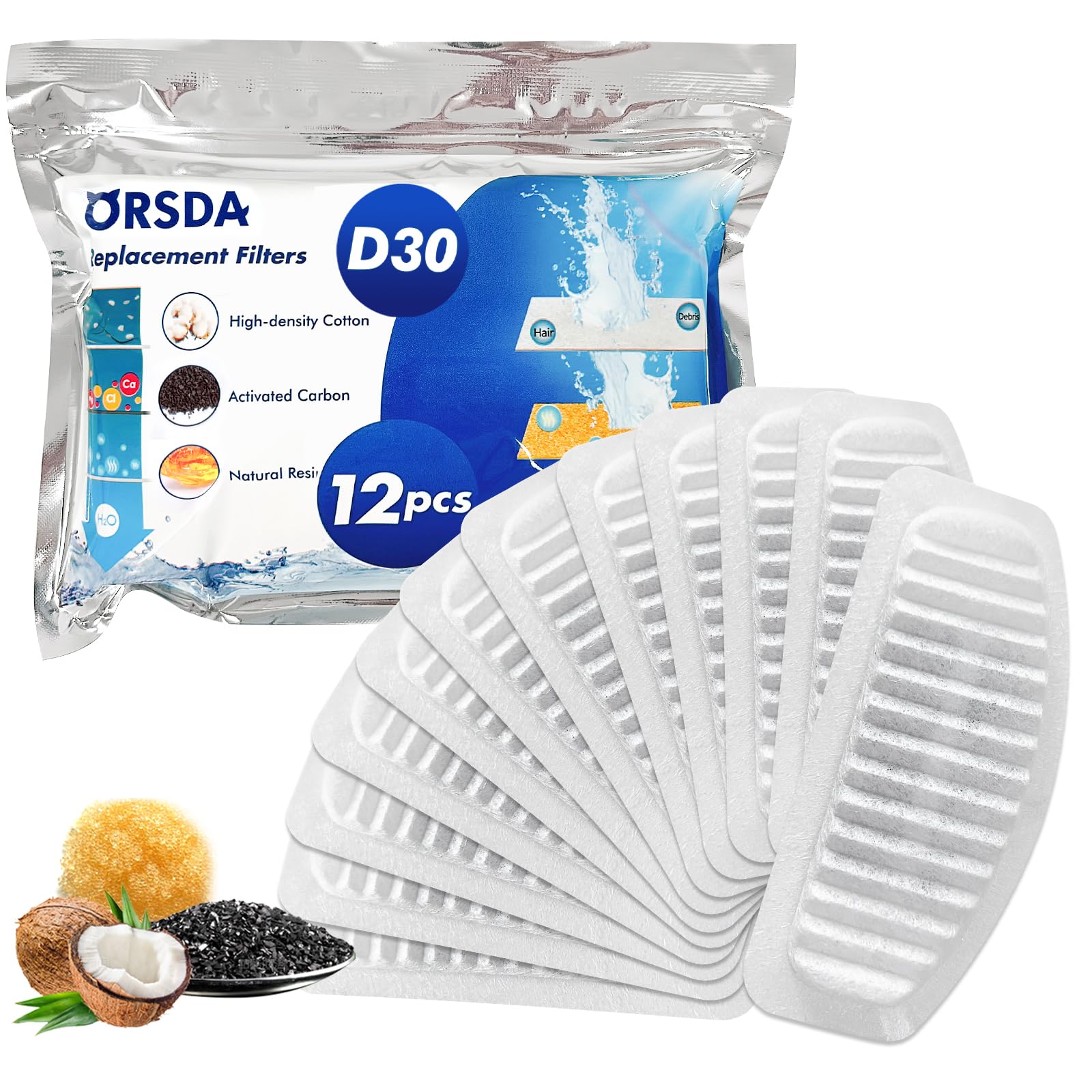 Orsda Cat Water Fountain Filters, Replacement Carbon, Resin Filters For D30 67Oz/2L Automatic Pet Fountain Cat Water Fountain Dog Water Dispenser, 3 Triple Filtration System (12Pcs 67Oz/2L Filters)