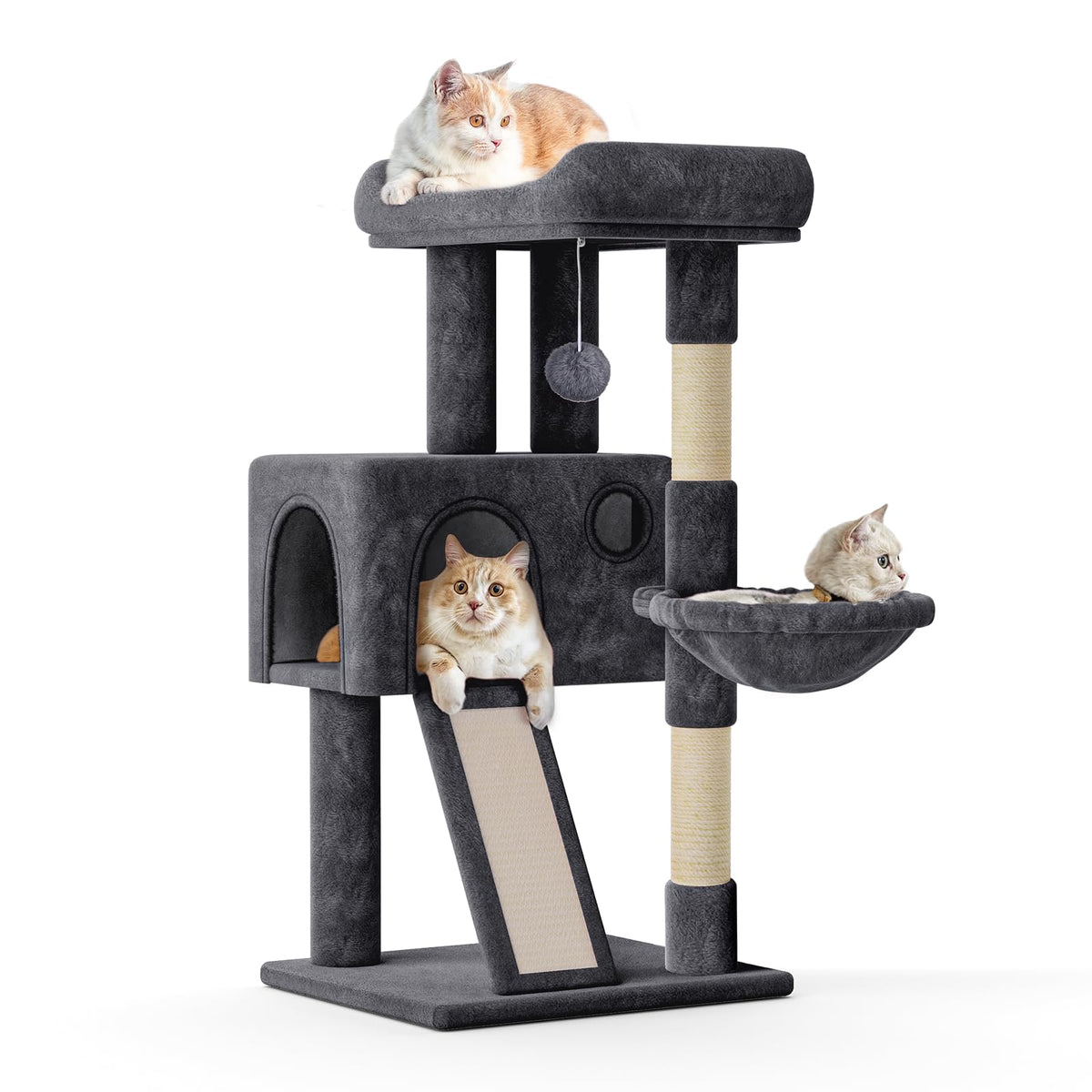 Monibloom Cat Tree With Condo, Small Cat Climbing Tower - 36 Inch With Scratching Post & Board, Hammock - Smoky Grey