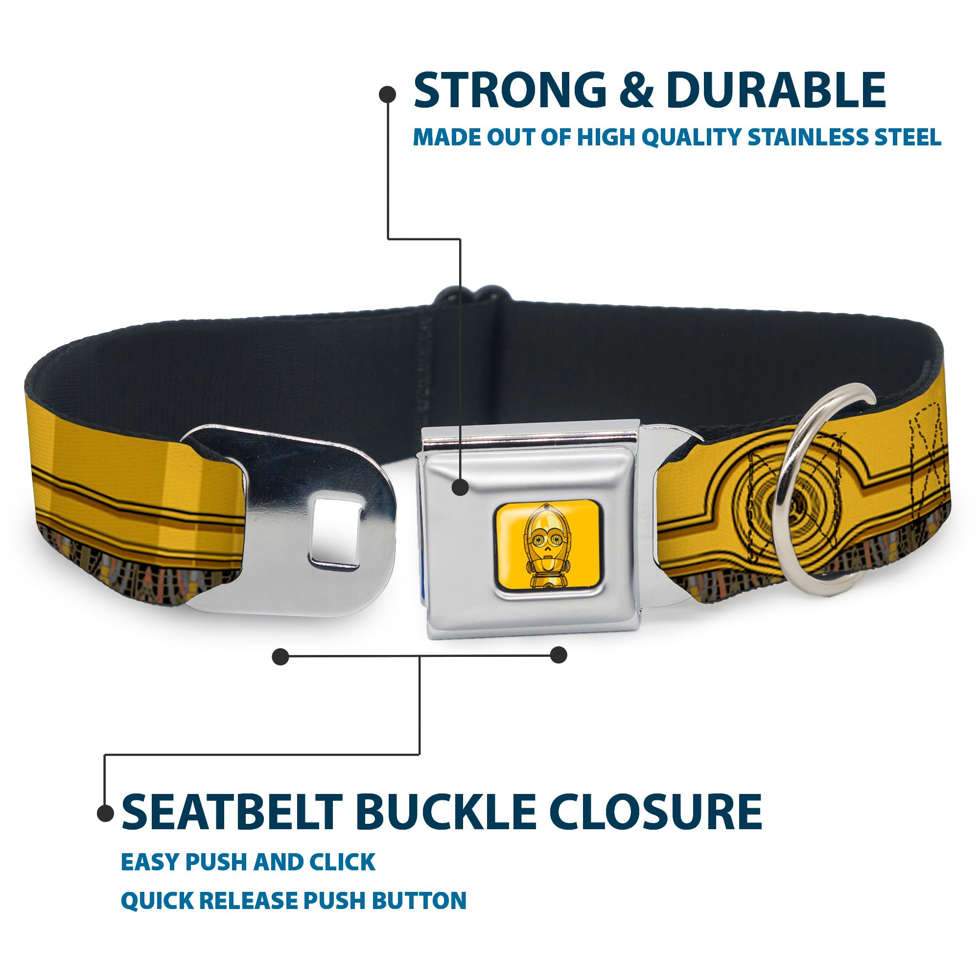 Star Wars Pet Collar, Dog Collar Metal Seatbelt Buckle, Star Wars C3Po Wires Bounding Yellows Black Multi Color, 20 To 31 Inches