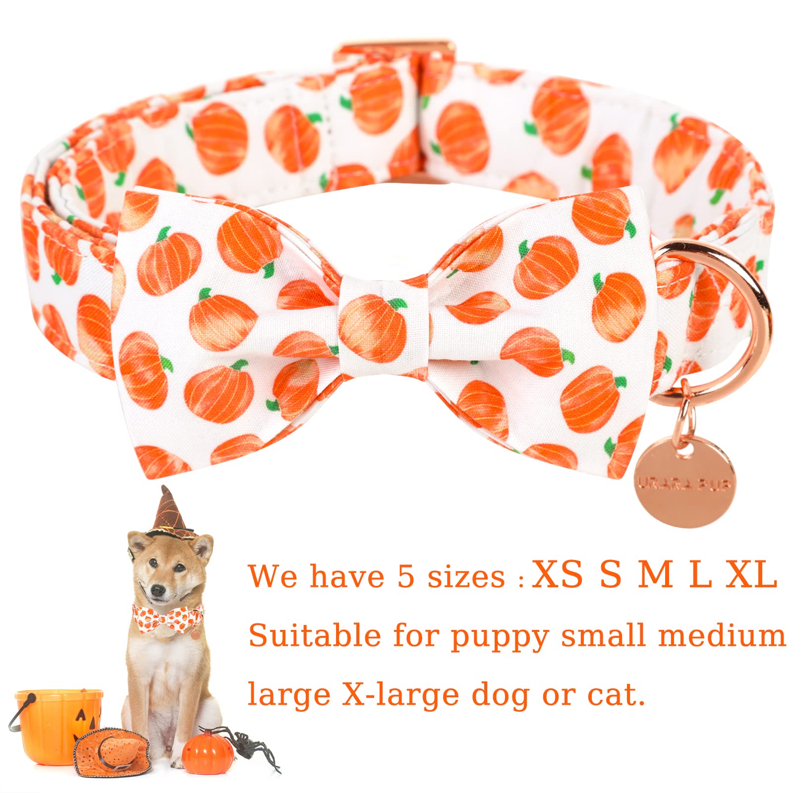 Up Urara Pup Halloween Dog Collar With Bow Tie, Pumpkin Cotton Bowtie Collar For Large Girl Boy Dog, Fall Dog Collar Bowtie With Durable Metal Buckle, Adorable Pumpkin Pet Collar, L, Neck 16-24In