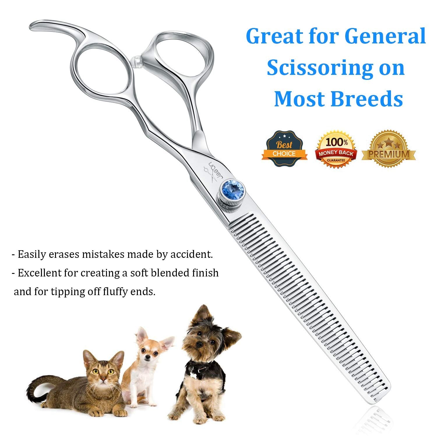 JASON 7 Silver Thinning Dog Grooming Scissors, 50 Teeth Ergonomic Blender Shears for Cats & Dogs, 30% Thinning Rate, Offset Handle