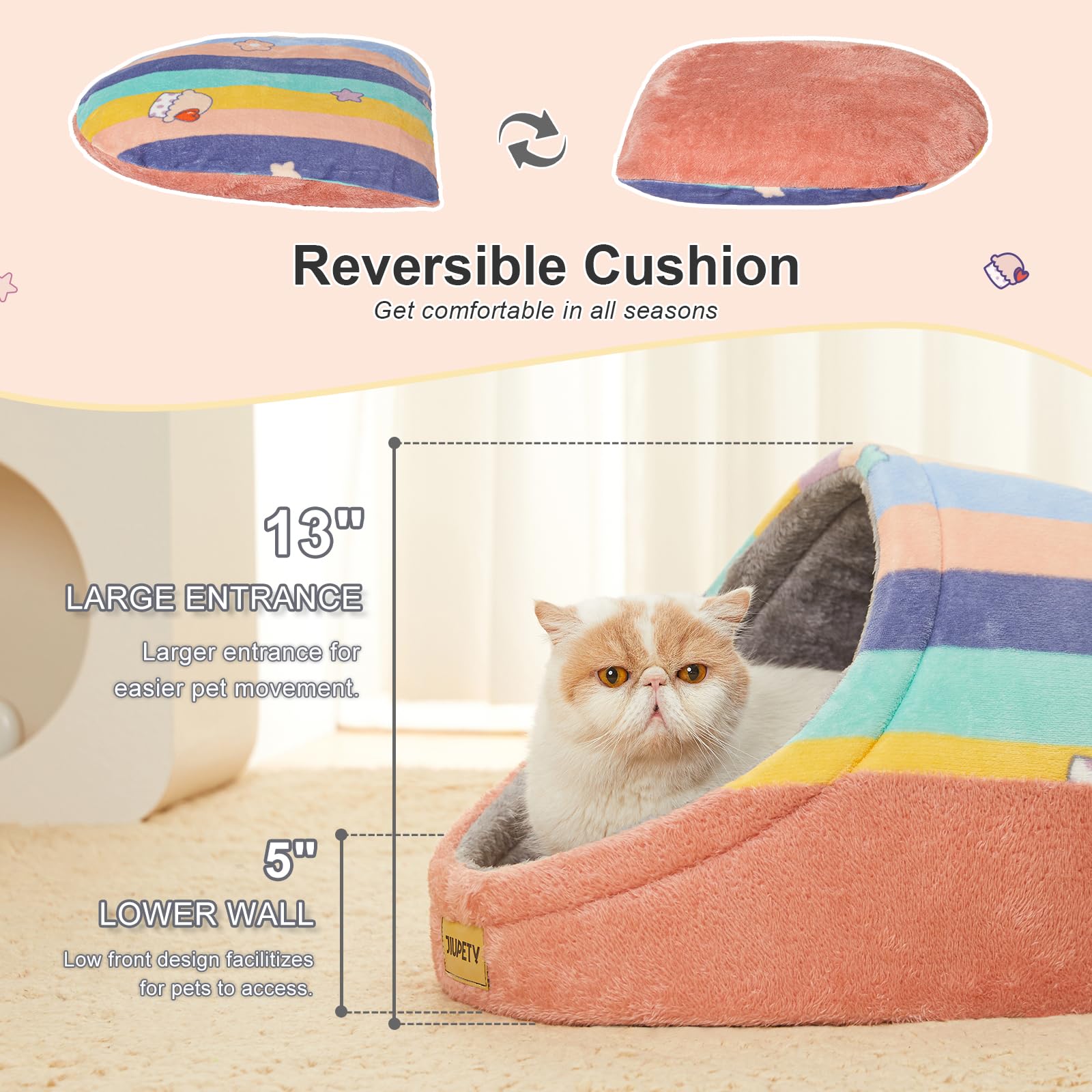 Jiupety Cute Cat Beds For Indoor Cats, Cat Cave Bed For Kittens, Hideaway Cat House & Tent With Anti-Slip Bottom, Washable Remov