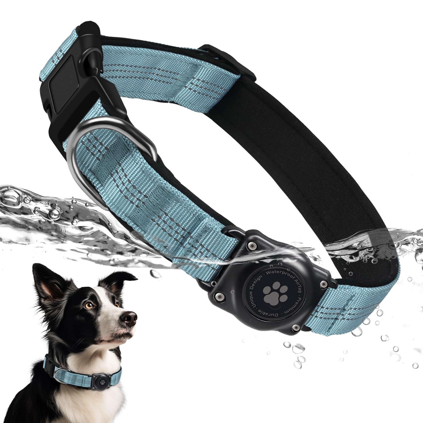Upgraded Airtag Dog Collar, Ip68 Waterproof Air Tag Dog Collar Holder, Reflective, Ultra-Durable, Comfortable Padded, Heavy Duty Dog Collars For Small Medium Large Dogs (L (14.8'-20.3'), Lightblue)