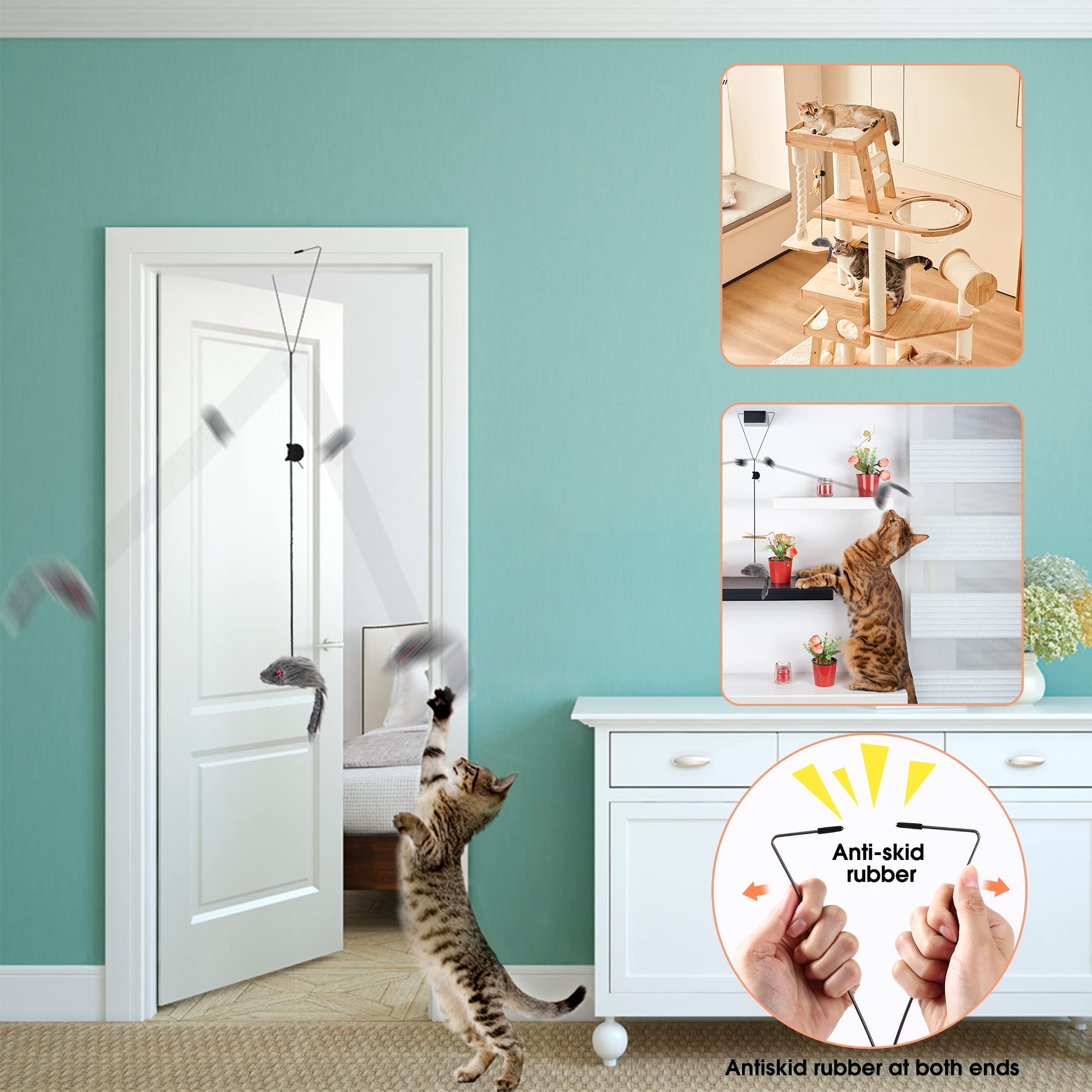 Fynigo Self-Play 3 Ways Hanging Door Cat Mouse Toys For Indoor Cats Kitten,Interactive Cat Mice Toys For Hunting Exercising Eliminating Boredom, For Small Breeds