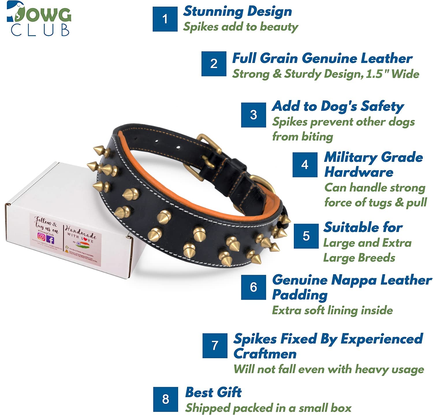 Dowgclub Spiked Leather Dog Collar - 1.75' Wide Full Grain Bridle Leather, Heavy Duty, Padded & Adjustable - For Medium Breeds