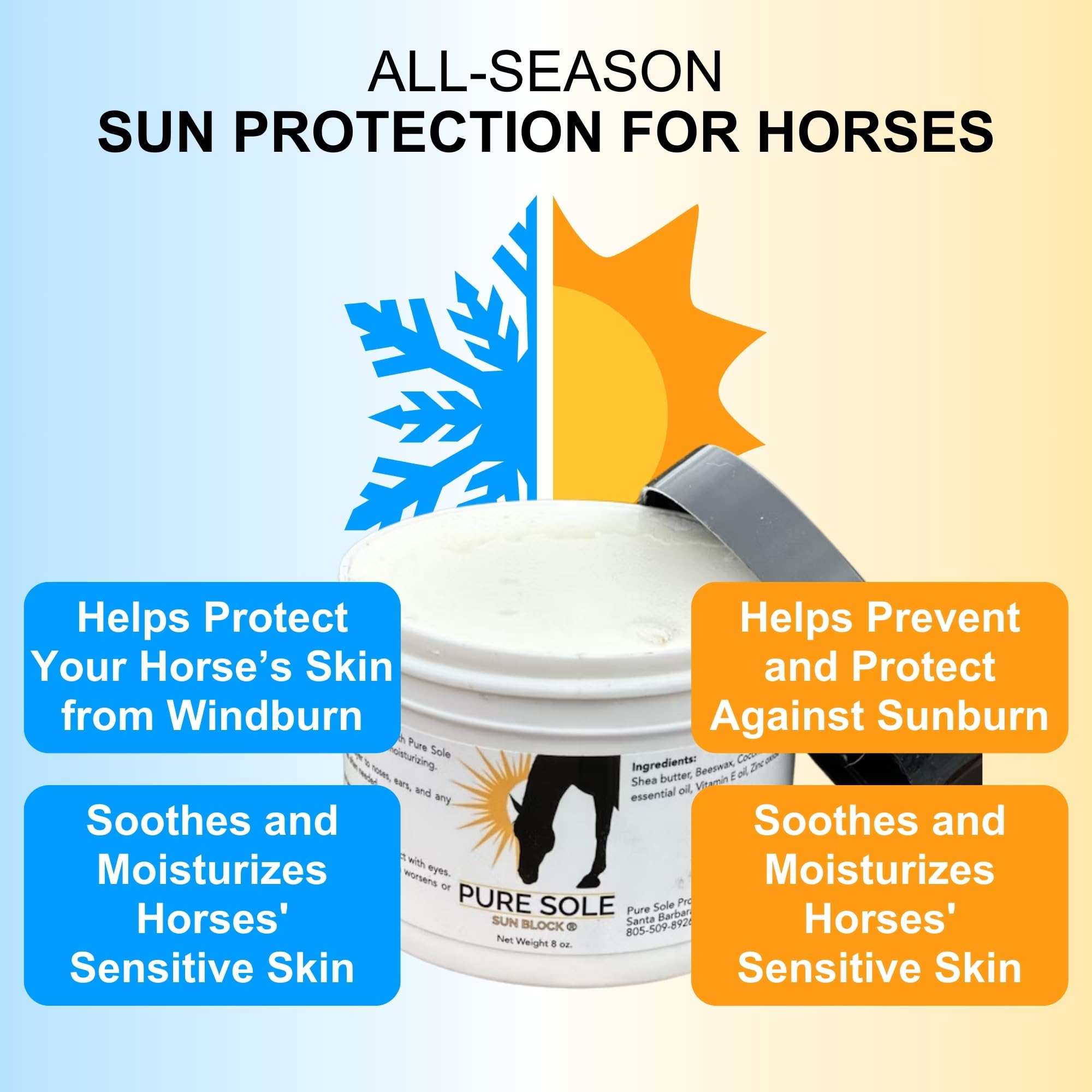Sunscreen for Horses - Pure Sole Sun Block Cream |Nose Sun Protection and Sensitive Pink Horse Skin |Made with Safe Non-Nano Zin