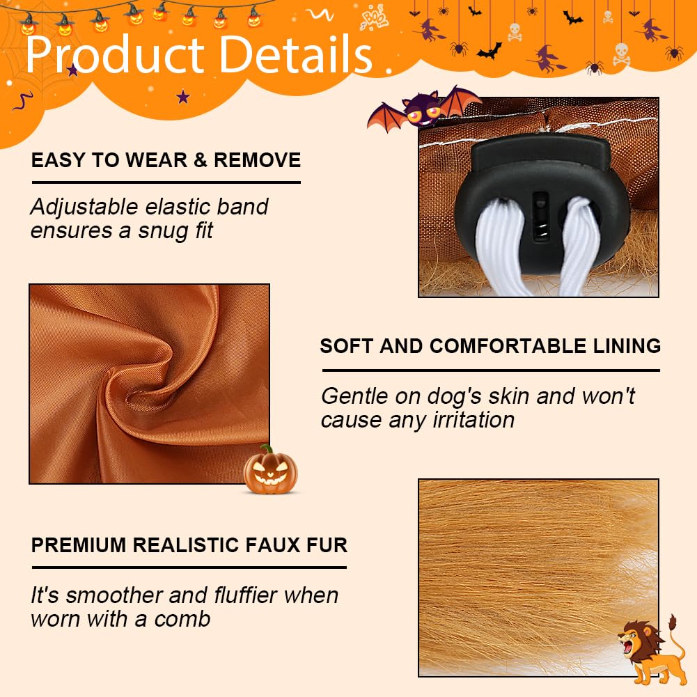 Vivifying Lion Mane For Dog, Adjustable Halloween Lion Costume Wig With Ears For Medium And Large Dogs, Realistic & Funny Accessory Perfect For Parties And Photoshoots (Large, Brown)