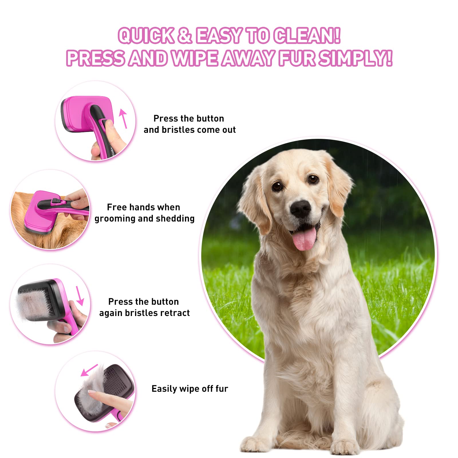 Dogs Self Cleaning Slicker Brush For Shedding & Grooming Long Short Haired, Cats Retractable Brushes For Large Medium Small. Gently Removes Loose Undercoat, Mats Tangled Hair From Pet'S Coat (Pink)