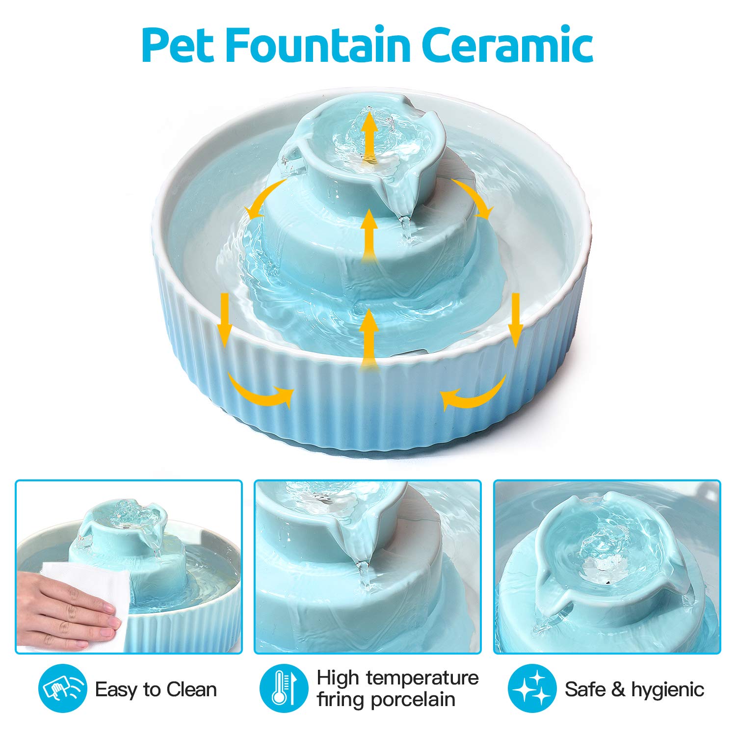 2.1L Ceramic Cat Water Fountain-for Cats and Dogs, 360 Ceramic Pet Fountain-70 Oz Large Water Capacity - Whisper-Quiet Water Flo