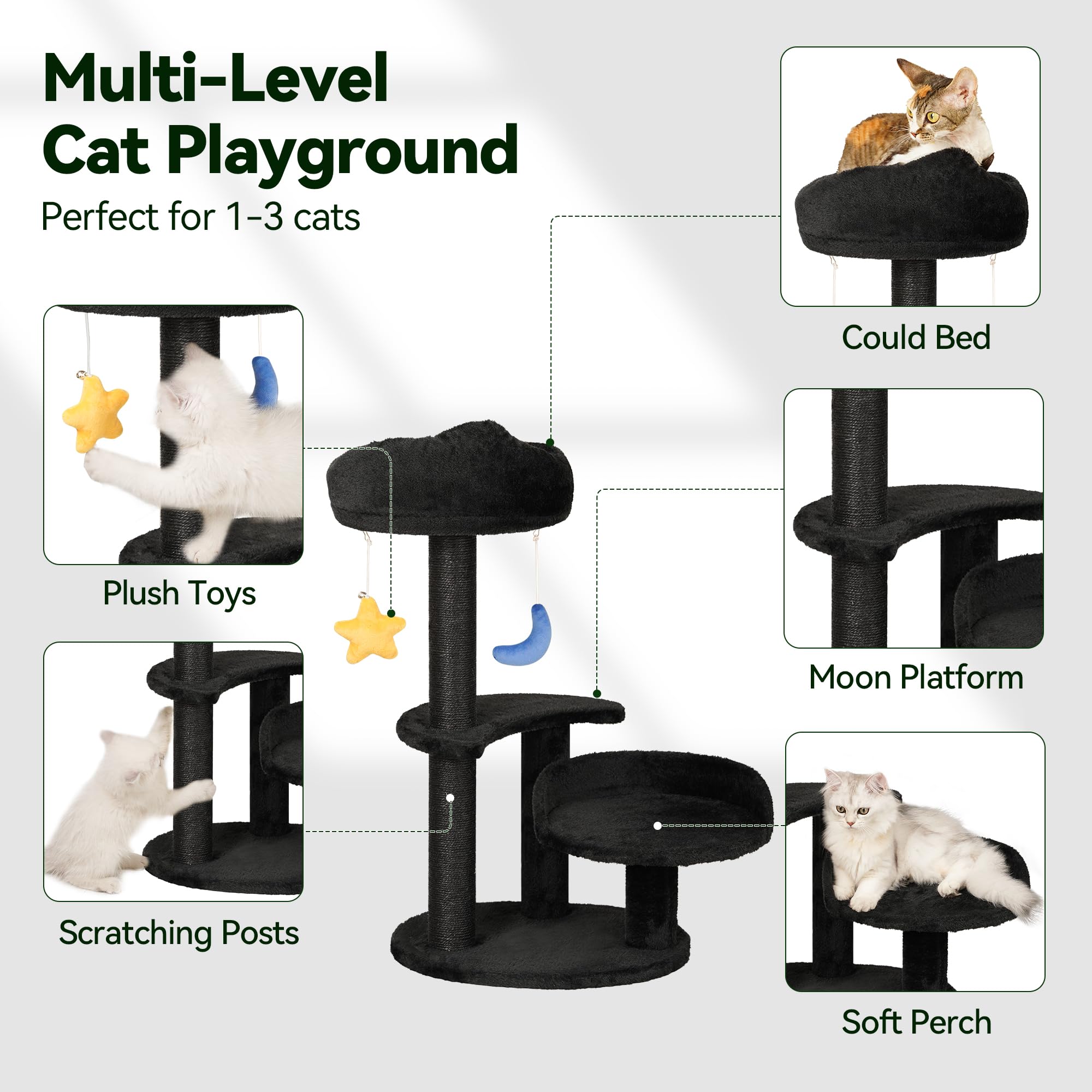 Meecal Kitten Cat Tree For Small Cats Under 6 Months, 24.4In Cloud Cat Scratching Post With Bed & Toys, Max Weight 8Lbs, Compact
