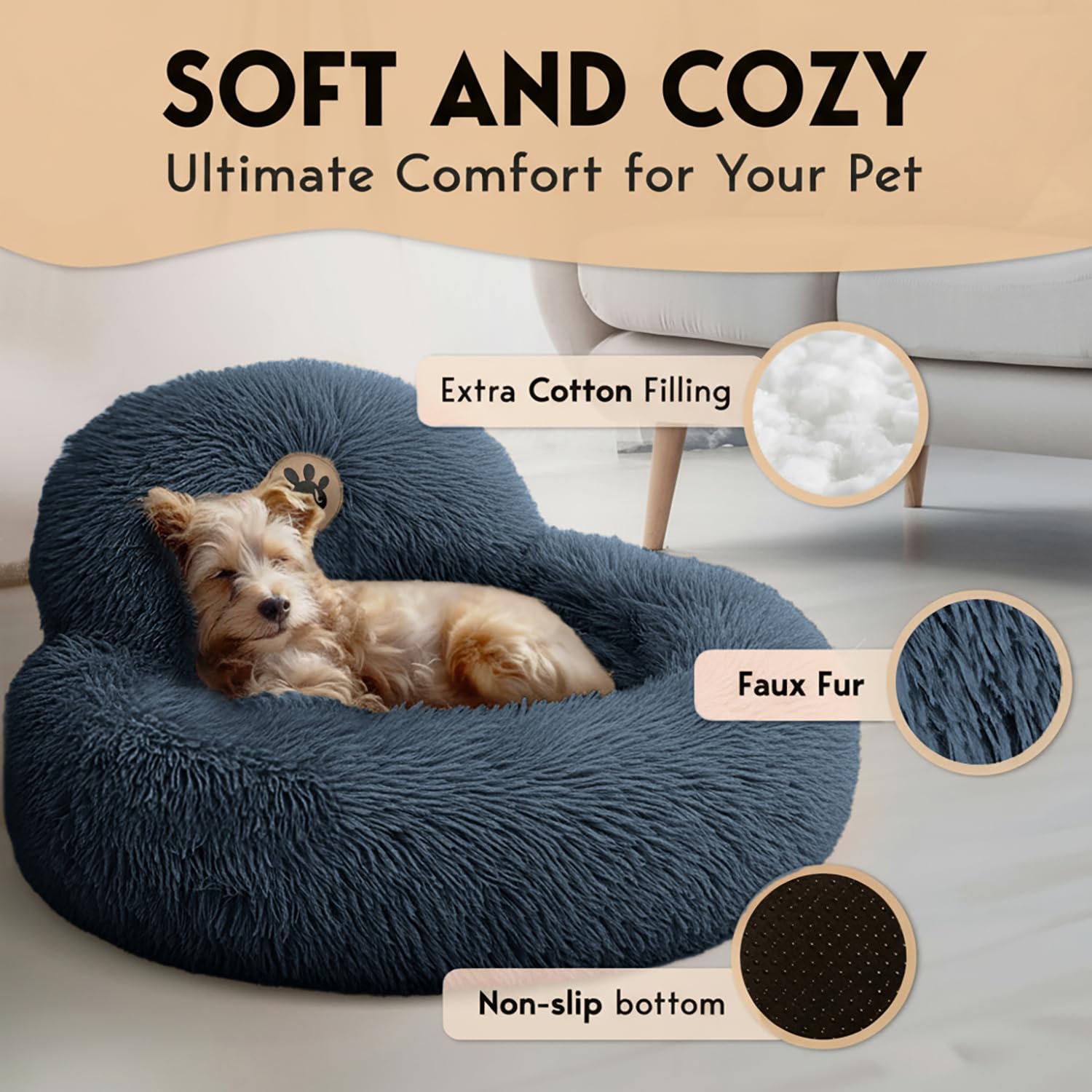 PetJett Calming Small Dog Bed - 23 Round Dog Beds, Anti-Slip & Washable Puppy Bed - Super Soft Fluffy Plush Faux Fur Pet Bed,