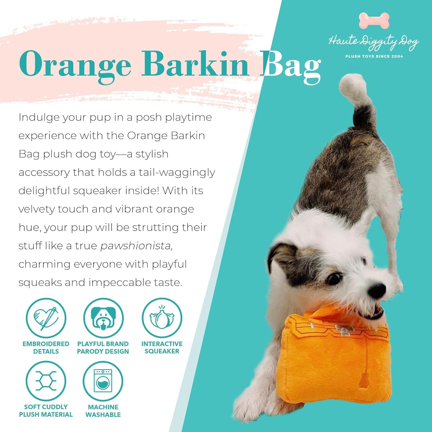 Haute Diggity Dog Barkin Bag, Plush Designer Dog Toys With Interactive Squeaker, Stimulating Pet Enrichment, Machine-Washable &