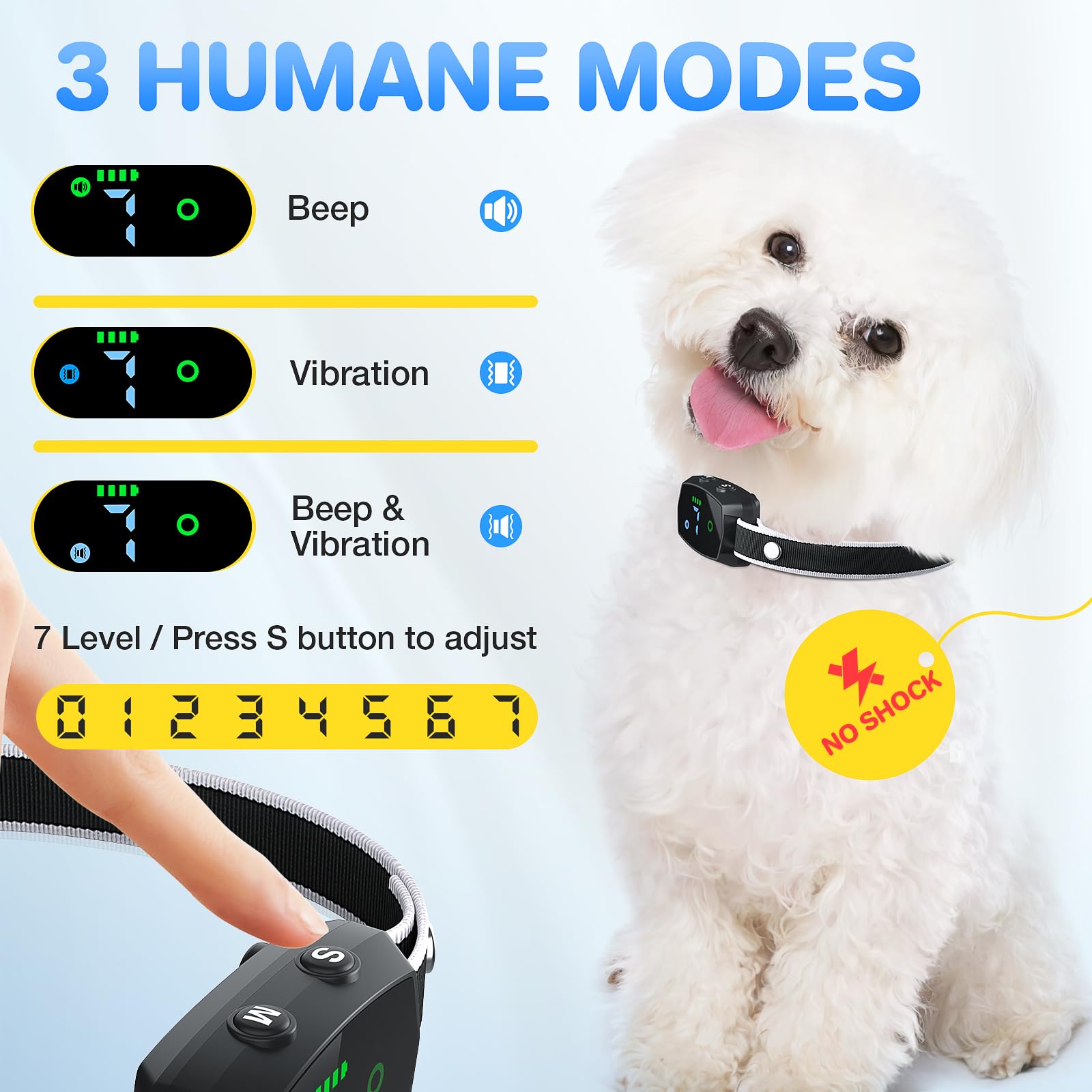 No Shock Anti Barking Collar, Rechargeable Dog Bark Collar For Medium Small Dogs, Humane Smart Collar, 7 Sensitivity Levels And