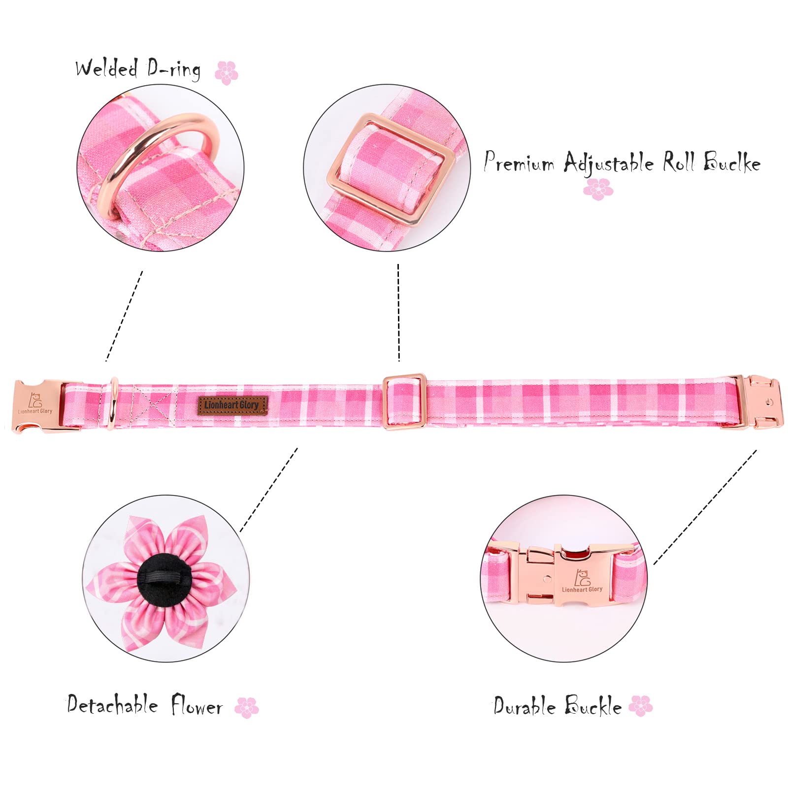 Lionheart Glory Dog Collar, Pink Dog Collar With Flower, Cute Floral Pattern Pet Collar Adjustable Dog Collar For Medium Dogs