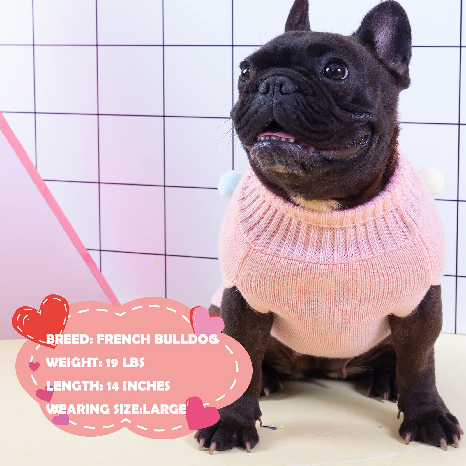 Kyeese Valentines Day Dog Sweater With Colorful Pompom Ball Turtleneck Dog Knitwear With Leash Hole For Small Dogs Puppy Cat Sweater,S
