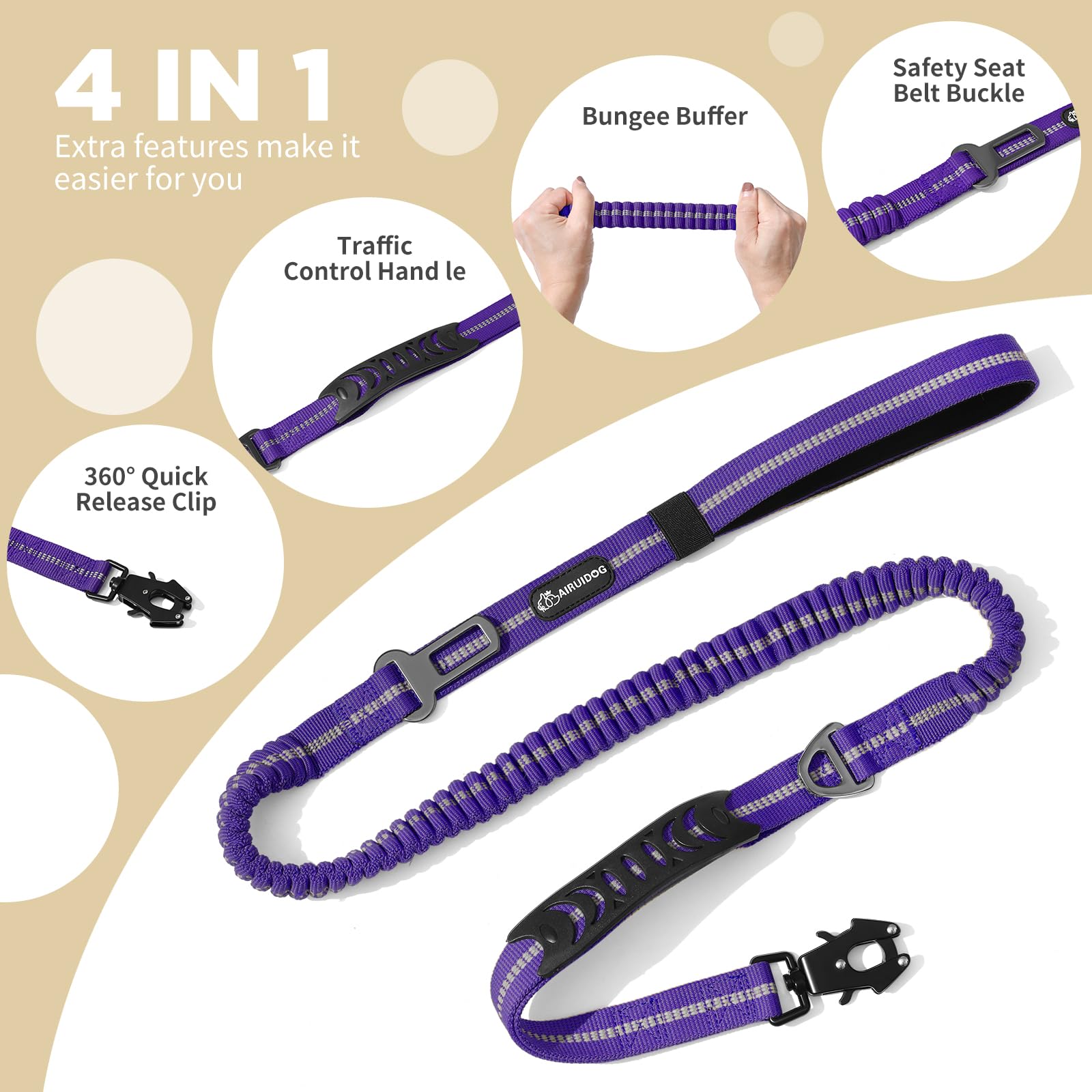 Heavy Duty Tactical Bungee Dog Leash, 4-6FT Shock Absorbing Tactical Dog Leash with 2 Padded Handles, Metal Carabiner Clip,Car S