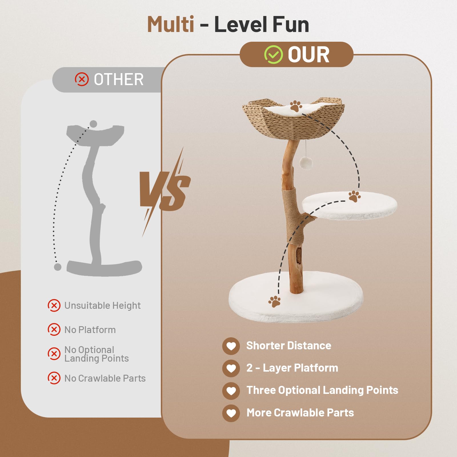 Bumubi Modern Cat Tree Tower Solid Wood For Indoor Cat Large Adult Cat Climbing Condo With Scratching Post Bed And Stand