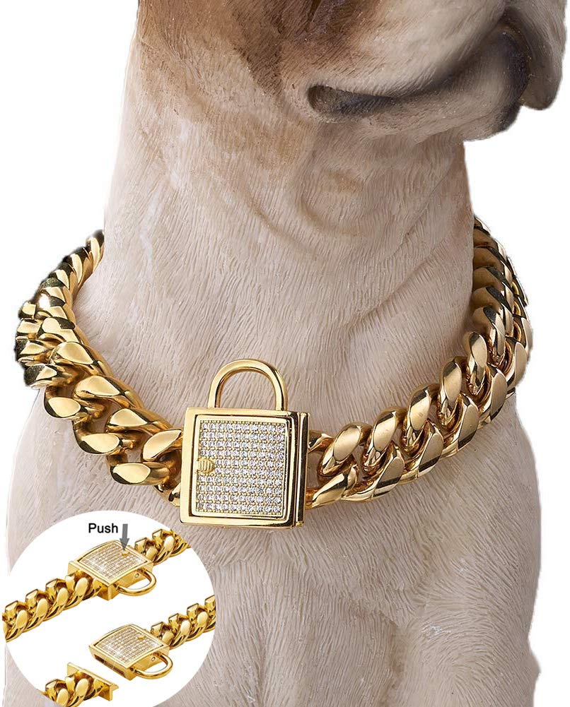 Aiyidi Gold Dog Chain Collar Stainless Steel With Zirconia Lock Luxury Dog Necklace 14Mm Heavy Duty Cuban Chain Collar For Small