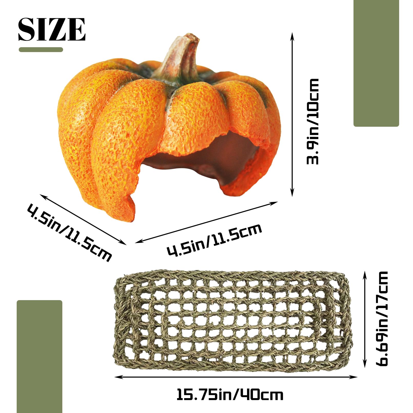 MUYG Reptile Resin Pumpkin Hut, Crested Gecko Habitat Hideout Cave Bearded Dragon Hammock Lizard Natural Seagrass Lounger Leopar