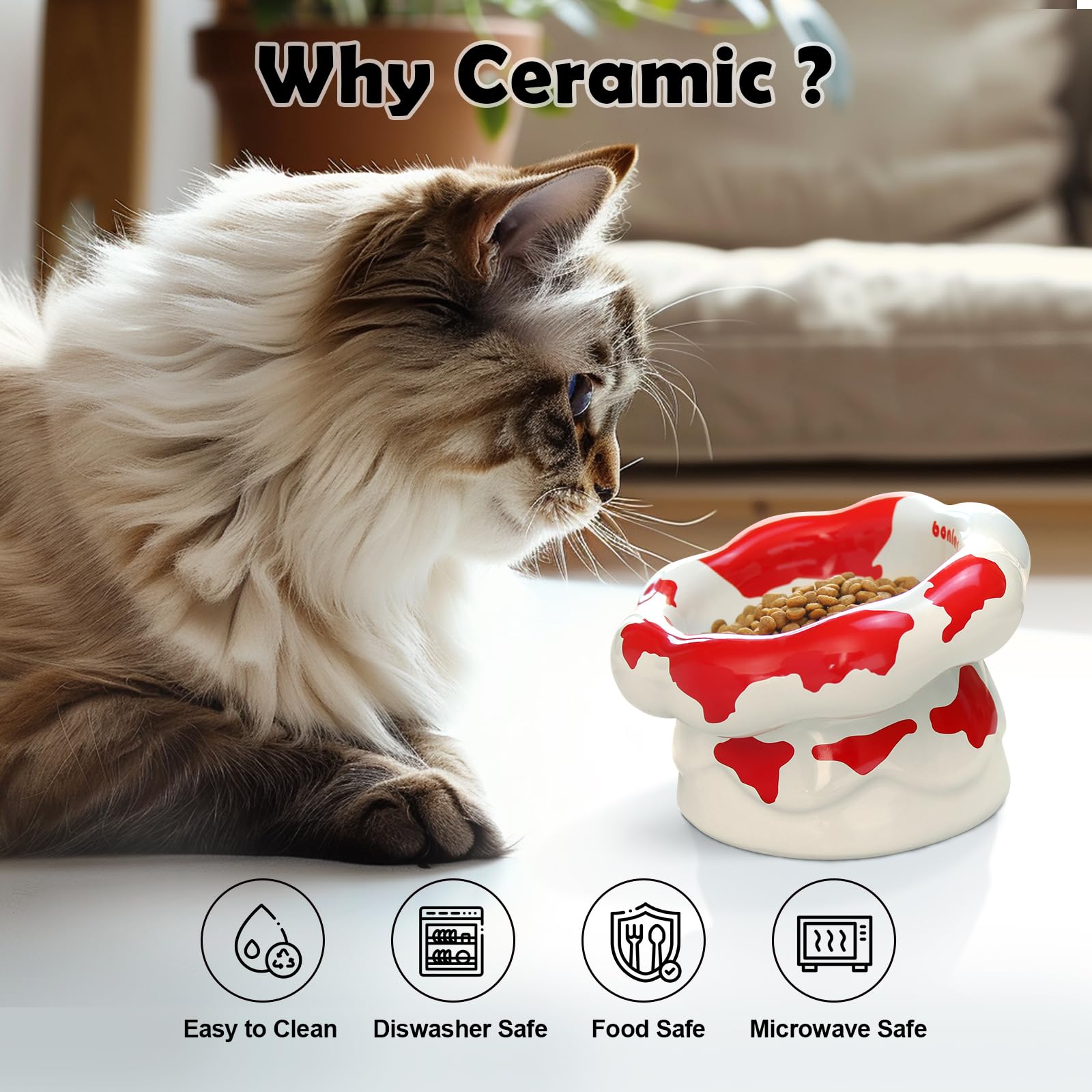 Cloud-Shaped Ceramic Cat Bowl - Elevated Raised Design For Indoor Cats & Kittens,Tilted Anti-Vomiting Shallow Dish With Spine Pr