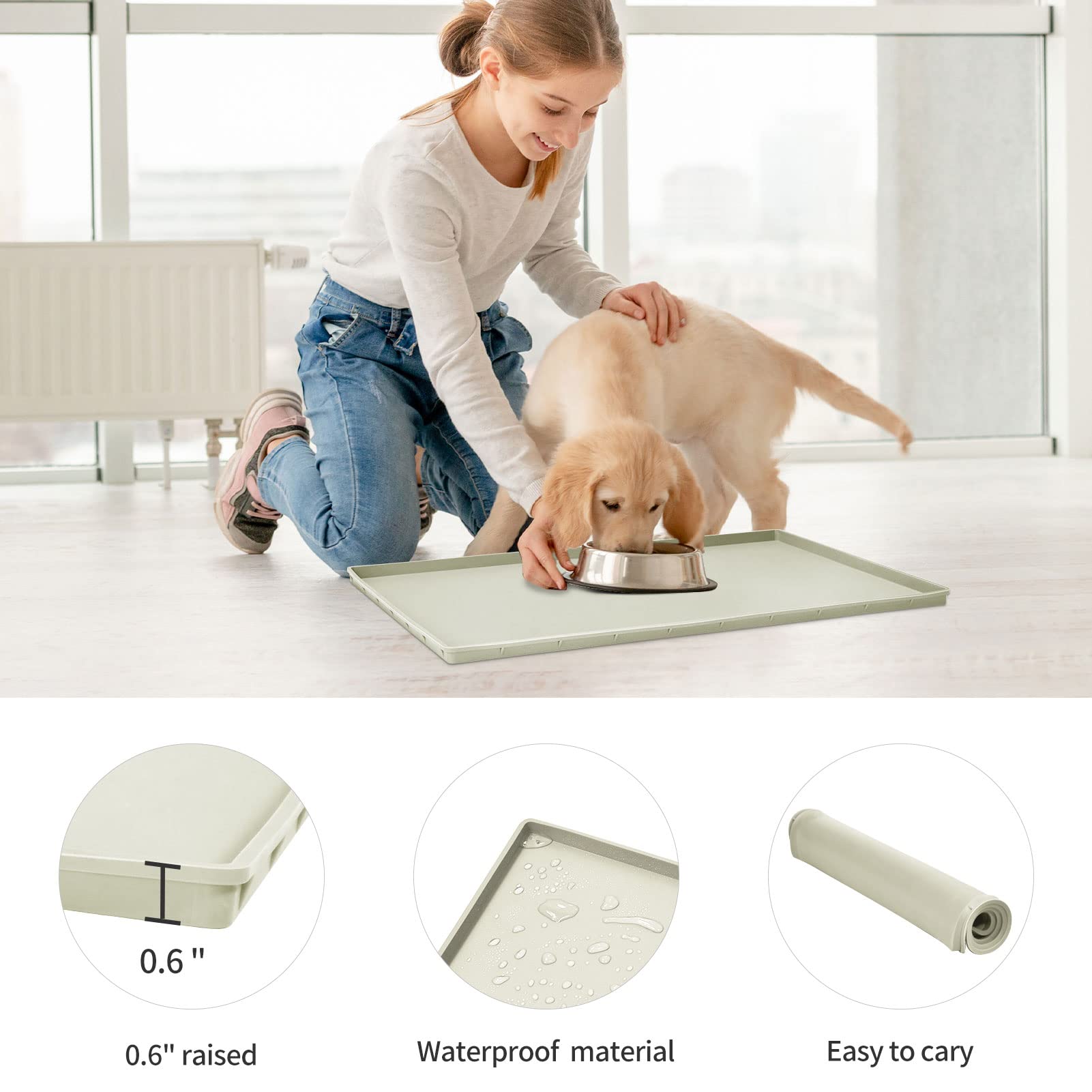 EIOKIT Dog Food Mat,Silicone Waterproof Food Tray,Non Slip Pet Bowl Mats Placemat,0.6  Raised Edge,Suitable for Most Small and M