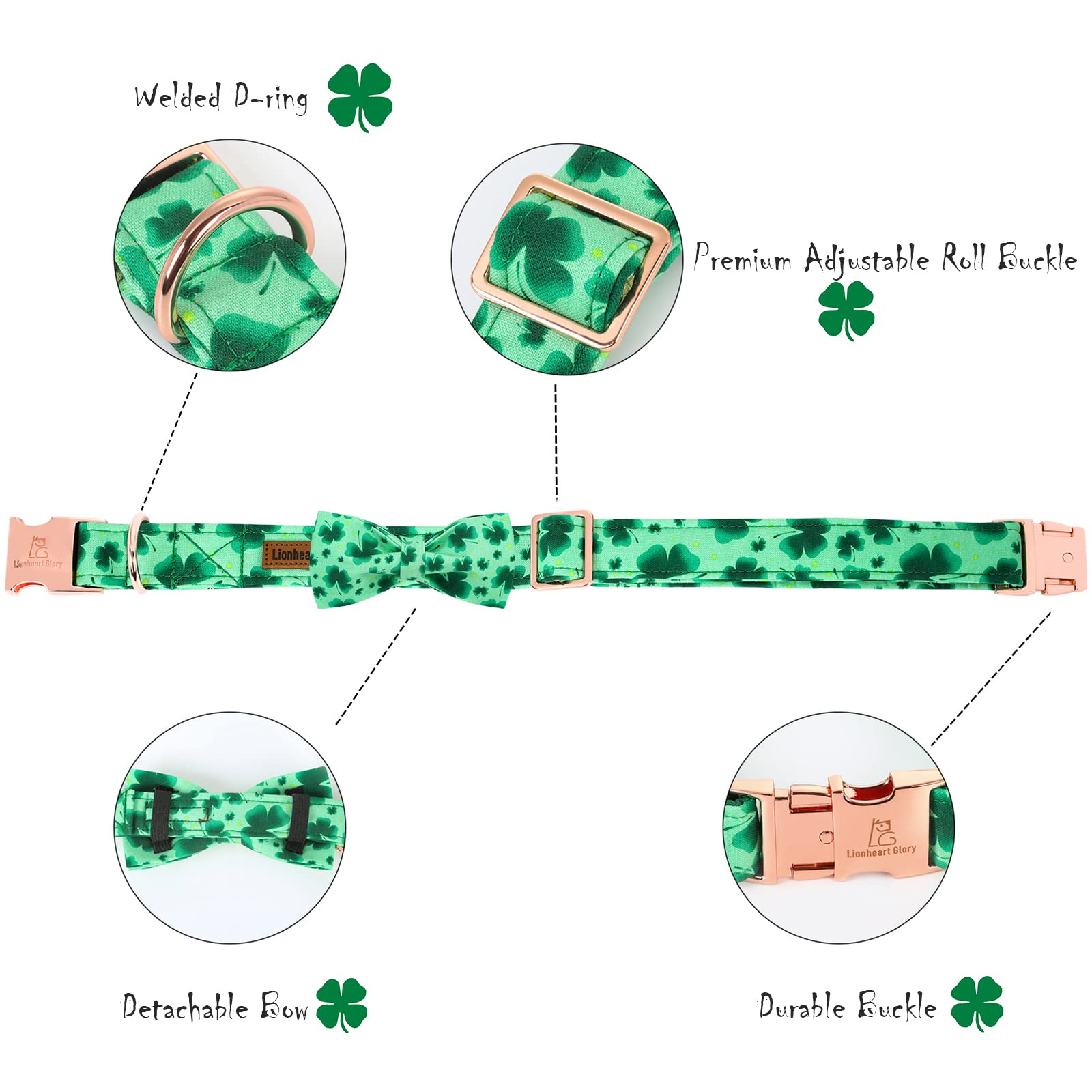 Lionheart Glory Clover Dog Collar, Adjustable Dog Collar With Bowtie, Pet Gift Collar For Dog Soft Bowtie Dog Collars For Large Dogs