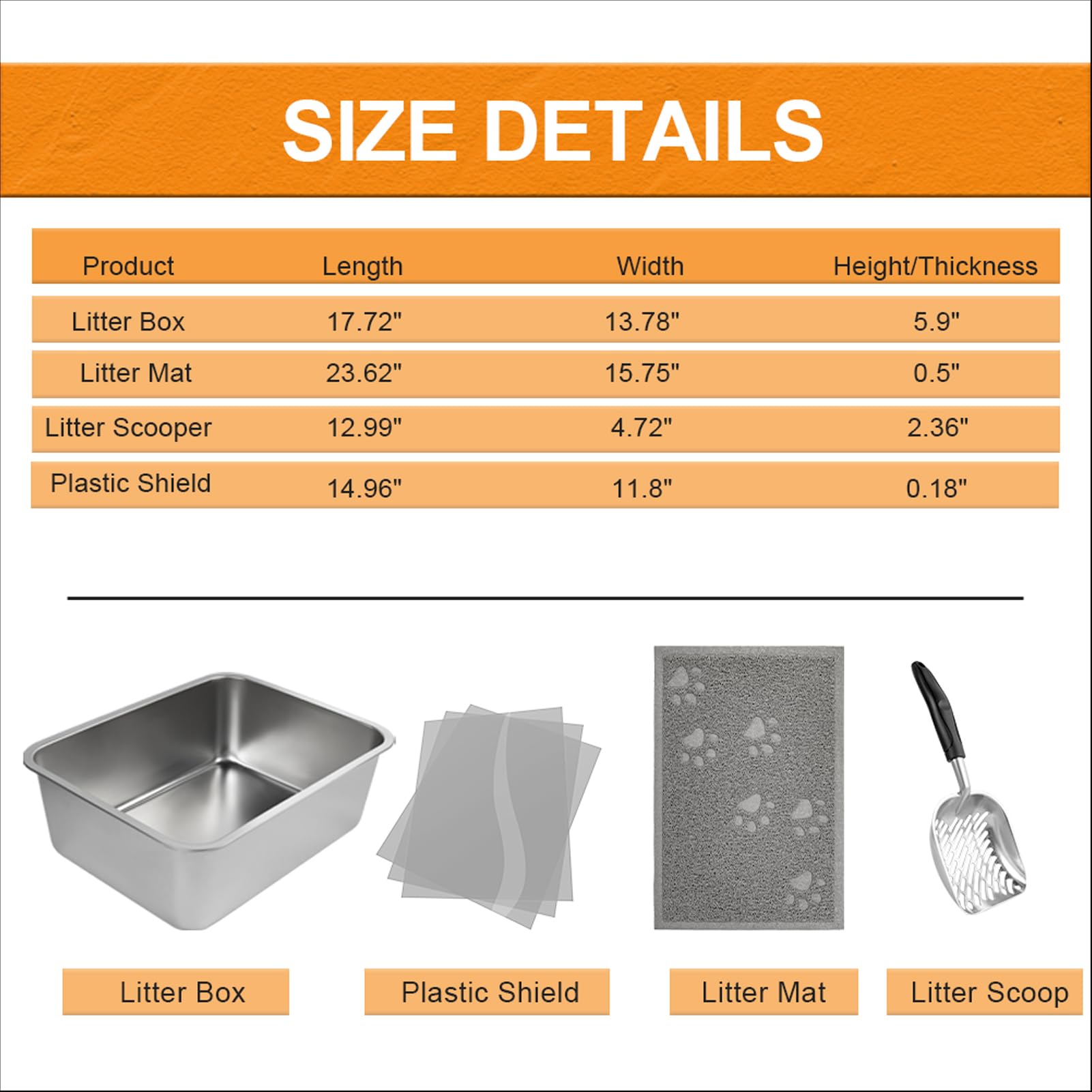 2 Set Stainless Steel Litter Box - 17.7''X13.8''X5.9'', High-Sided Shield, Scoops, Mats For Multiple Cats, Easy To Clean