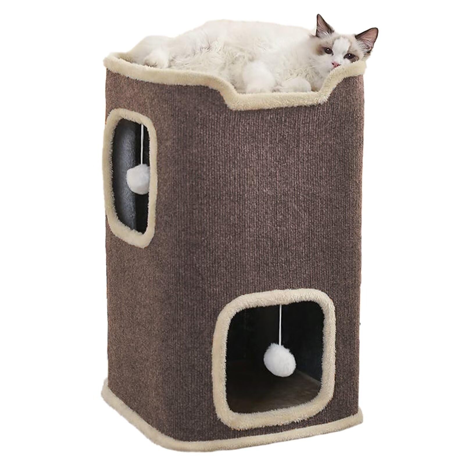 Pempet Cat House For Indoor Cats Beds, Multi-Level Cat Condo Foldable Cat Cave Brown, 2-Level
