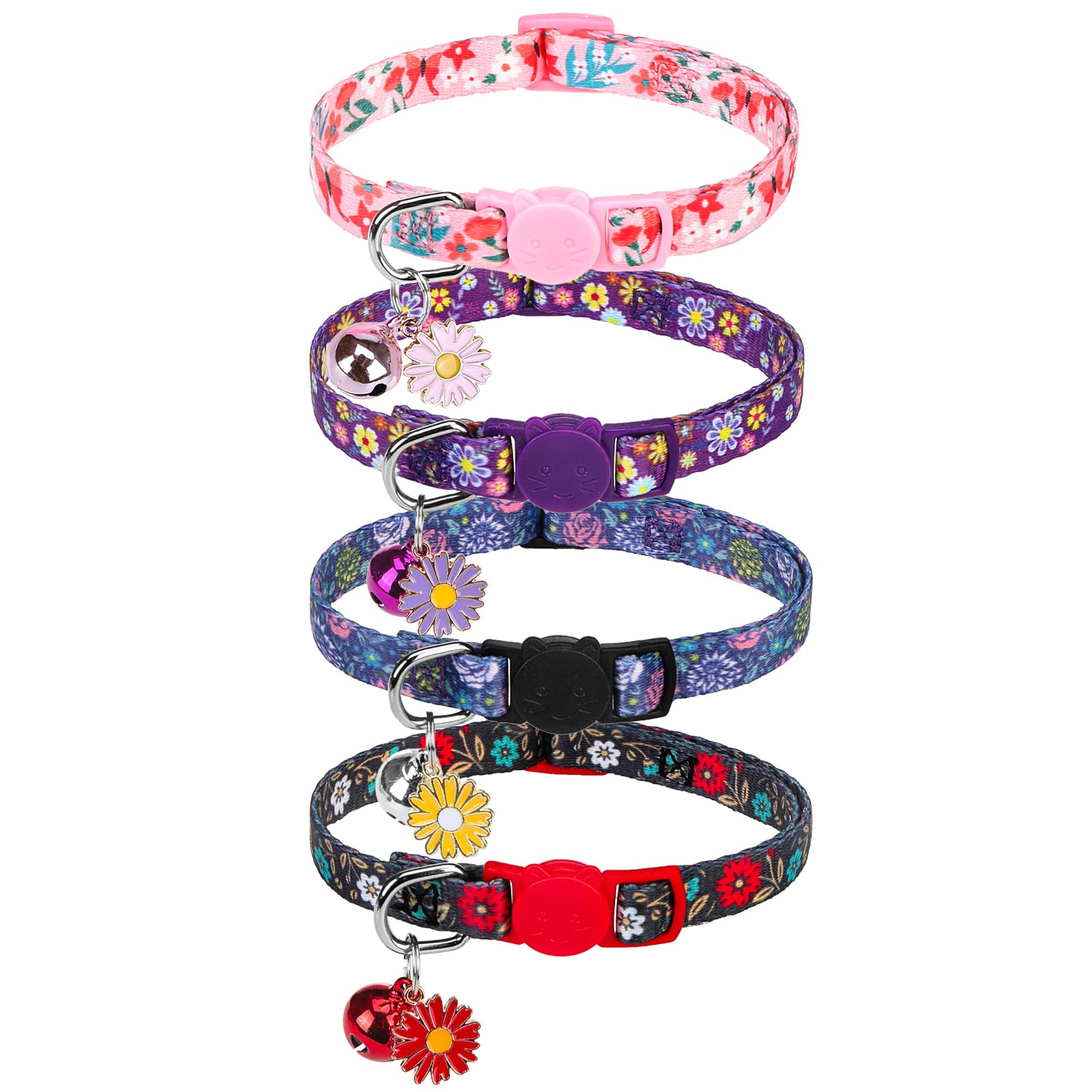 Scenereal Cute Cat Collars With Bells Breakaway, 4 Pack Floral Daisy Pendant Spring Summer Pet Collar For Girl Boy Cats, Adjusta