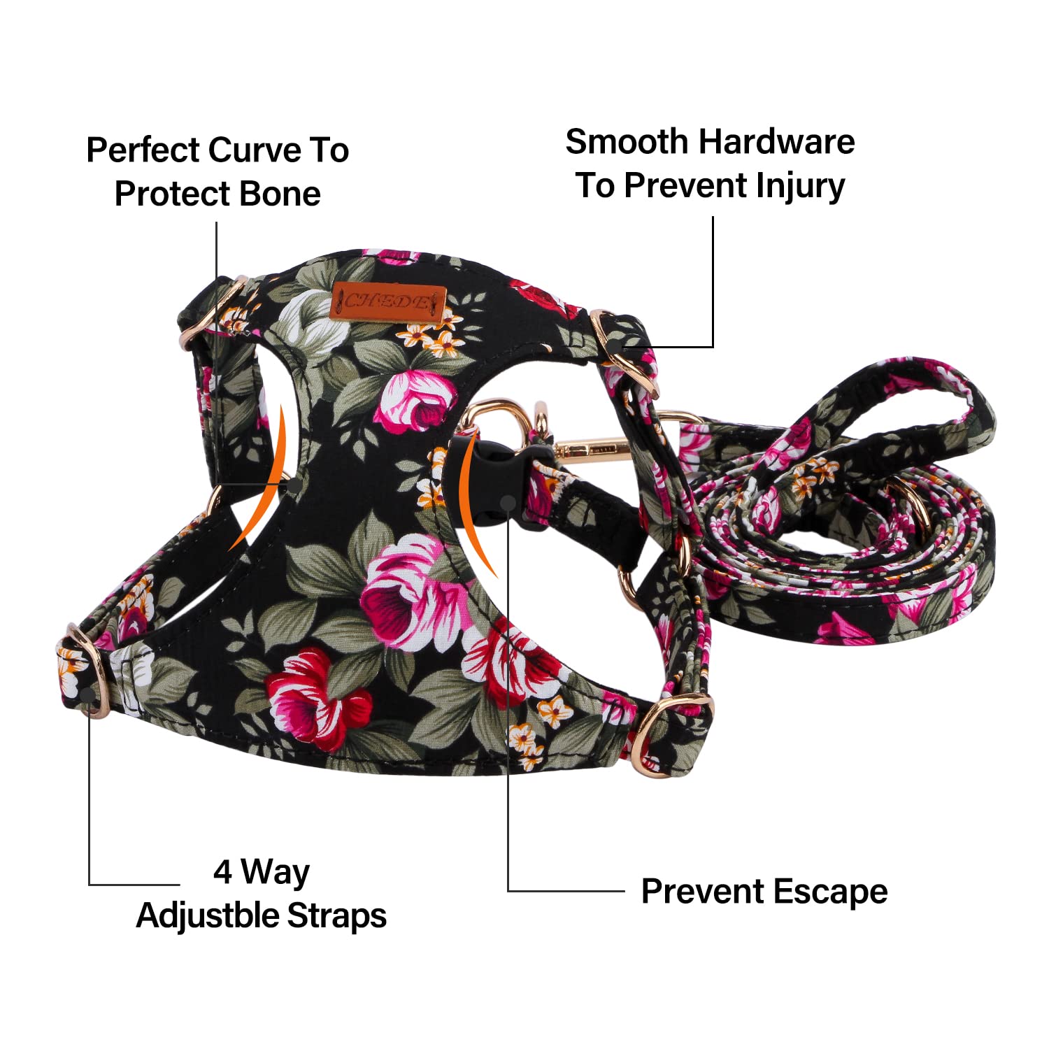 CHEDE No Pull Floral Pattern Dog Harness - Lightweight and Soft, Adjustable Small Dog Harness Set with Leash, Suitable for Puppy