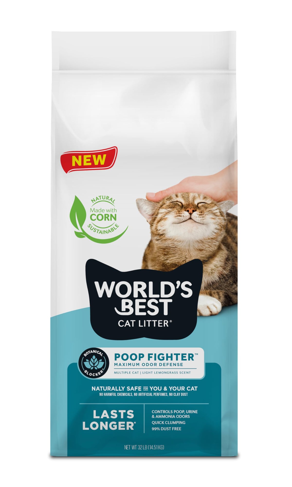 World'S Best Cat Litter Poop Fighter Maximum Odor Defense, 32-Pounds - Natural Ingredients, Quick Clumping, Flushable, 99% Dust Free & Made In Usa - Long-Lasting Odor Control & Easy Scooping