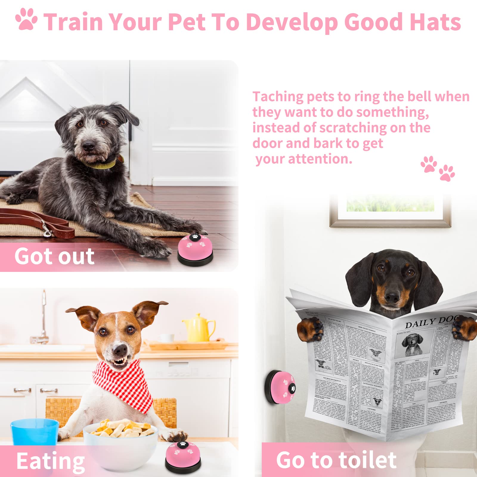 Jimejv 2 Pack Dog Doorbells, Pet Training Bells For Go Outside Potty Training And Communication Device Large Loud Dog Bell Cat Puppy Interactive Toys Adjustable Strap Door Bell (Pink)