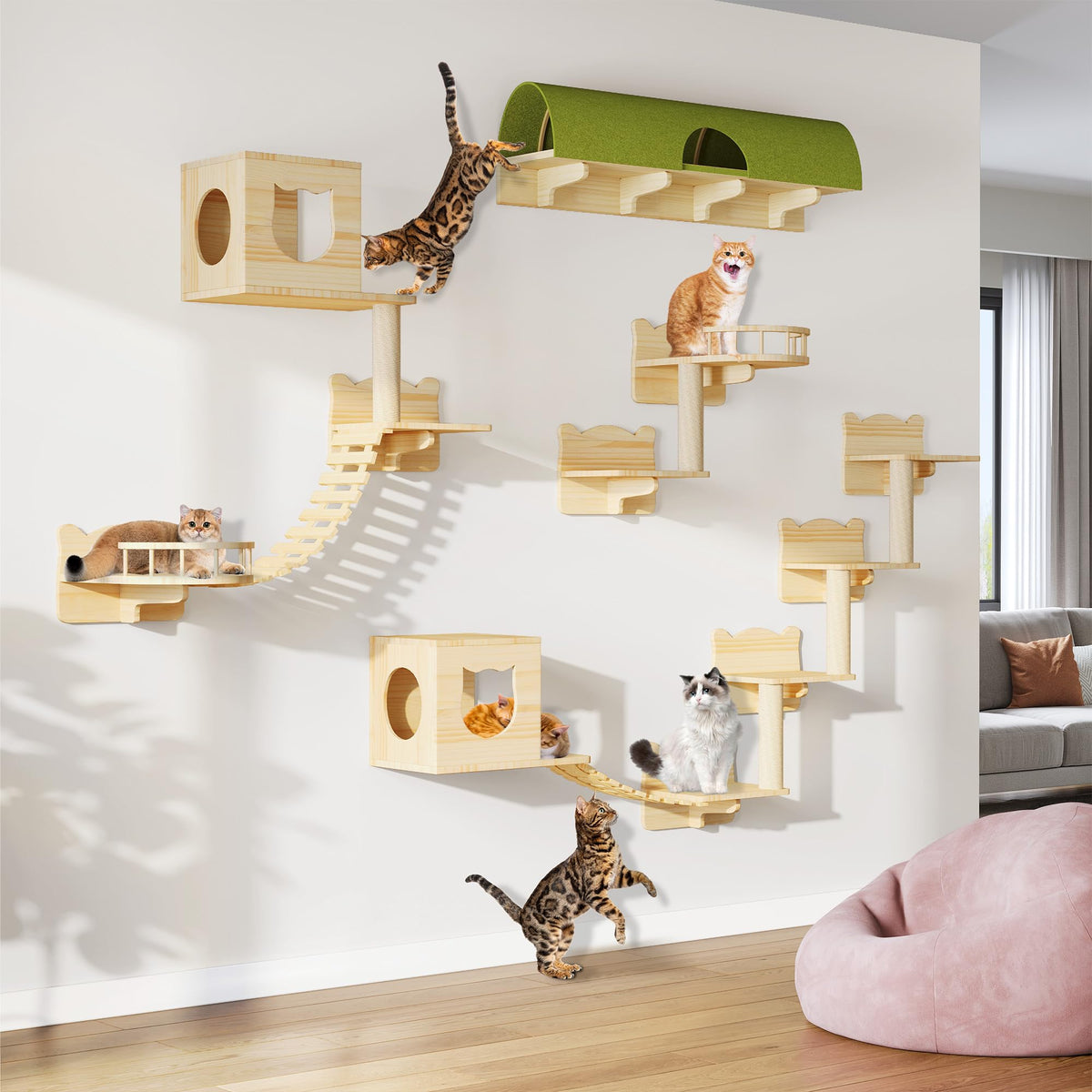 Dwvo Cat Wall Shelves And Perches For Wall, Wooden Wall Mounted Cat Furniture, Set Of 5 Cat Climbing Shelves With 1 Cat Wall Hou