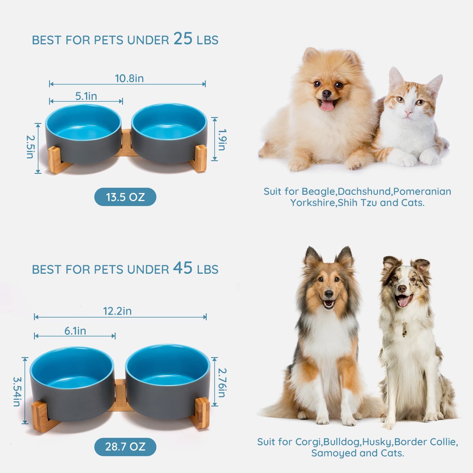 SPUNKYJUNKY Ceramic Dog and Cat Bowl Set with Wooden Stand, Modern Cute Weighted Food Water Set for Small Size Dogs (13.5OZ) & M