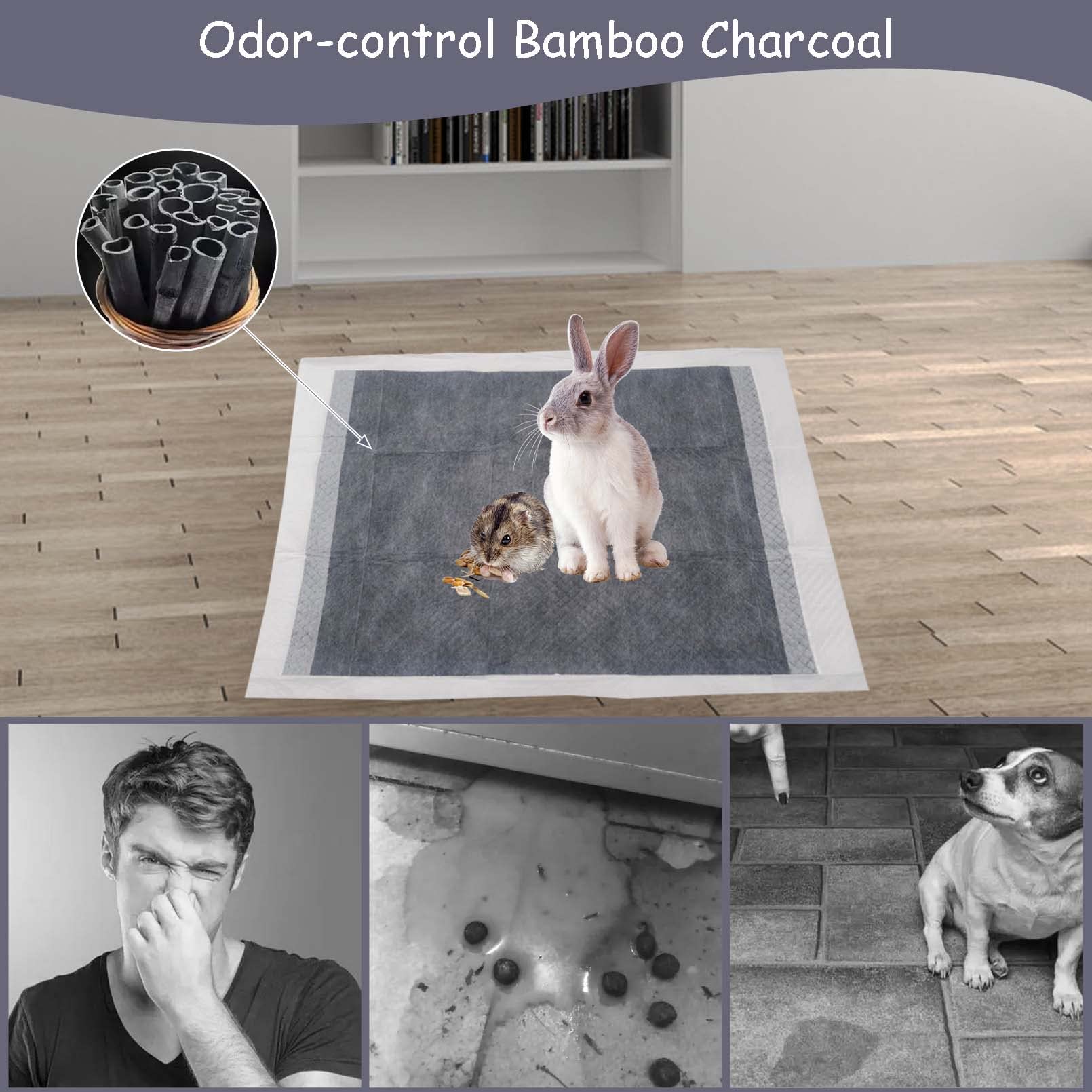 Tfwadmx Rabbit Pee Pads 18'' x 24'' 100 Pcs Guinea Pig Super Absorbent Cage Liners Bunny Disposable Black Carbon Diapers Small A