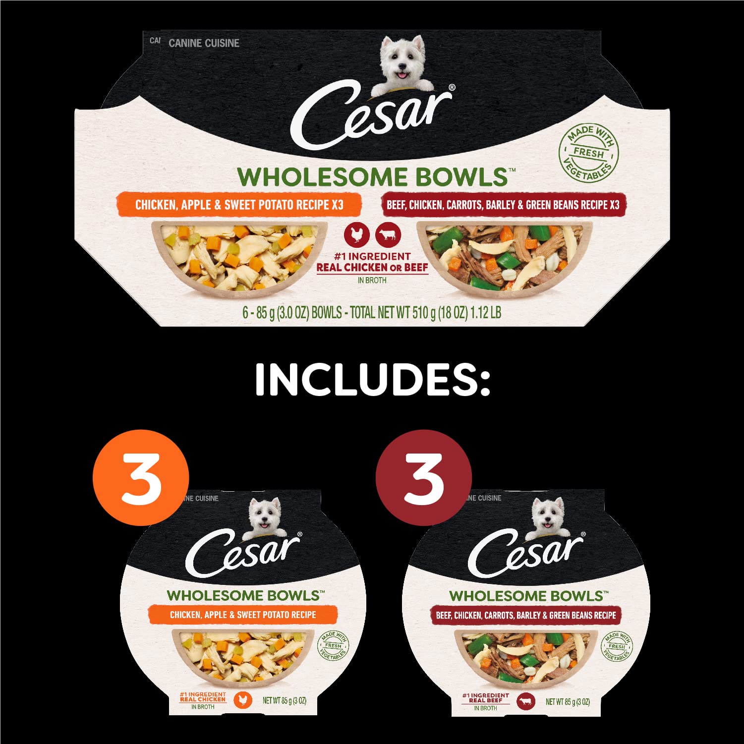 CESAR WHOLESOME BOWLS Adult Soft Wet Dog Food Variety Pack, Beef, Chicken, Carrots, Barley & Green Beans Recipe and Chicken, App