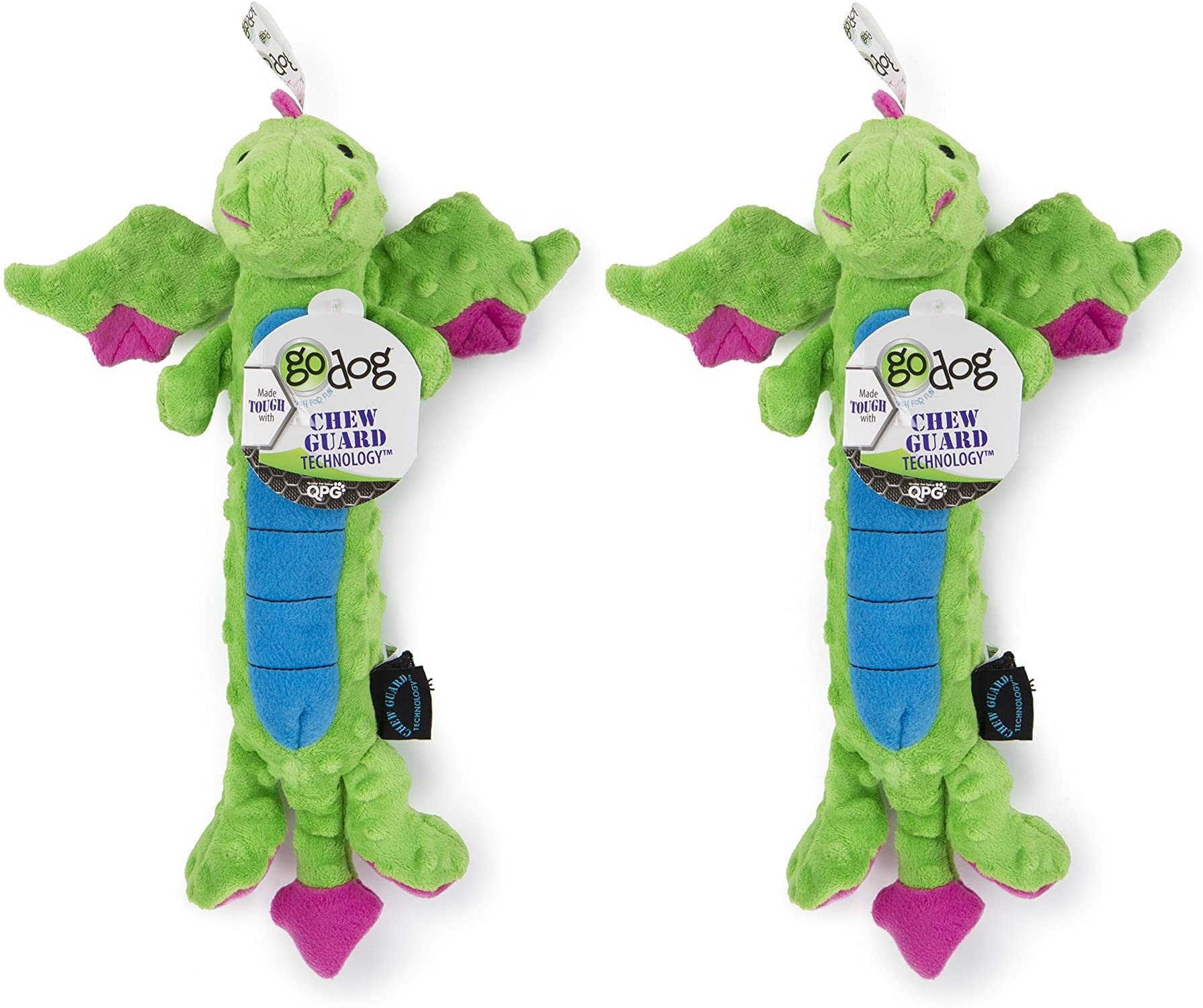 Godog 2 Pack Of Dragons Skinny Dog Toys, Large, Green, With Chew Guard Technology