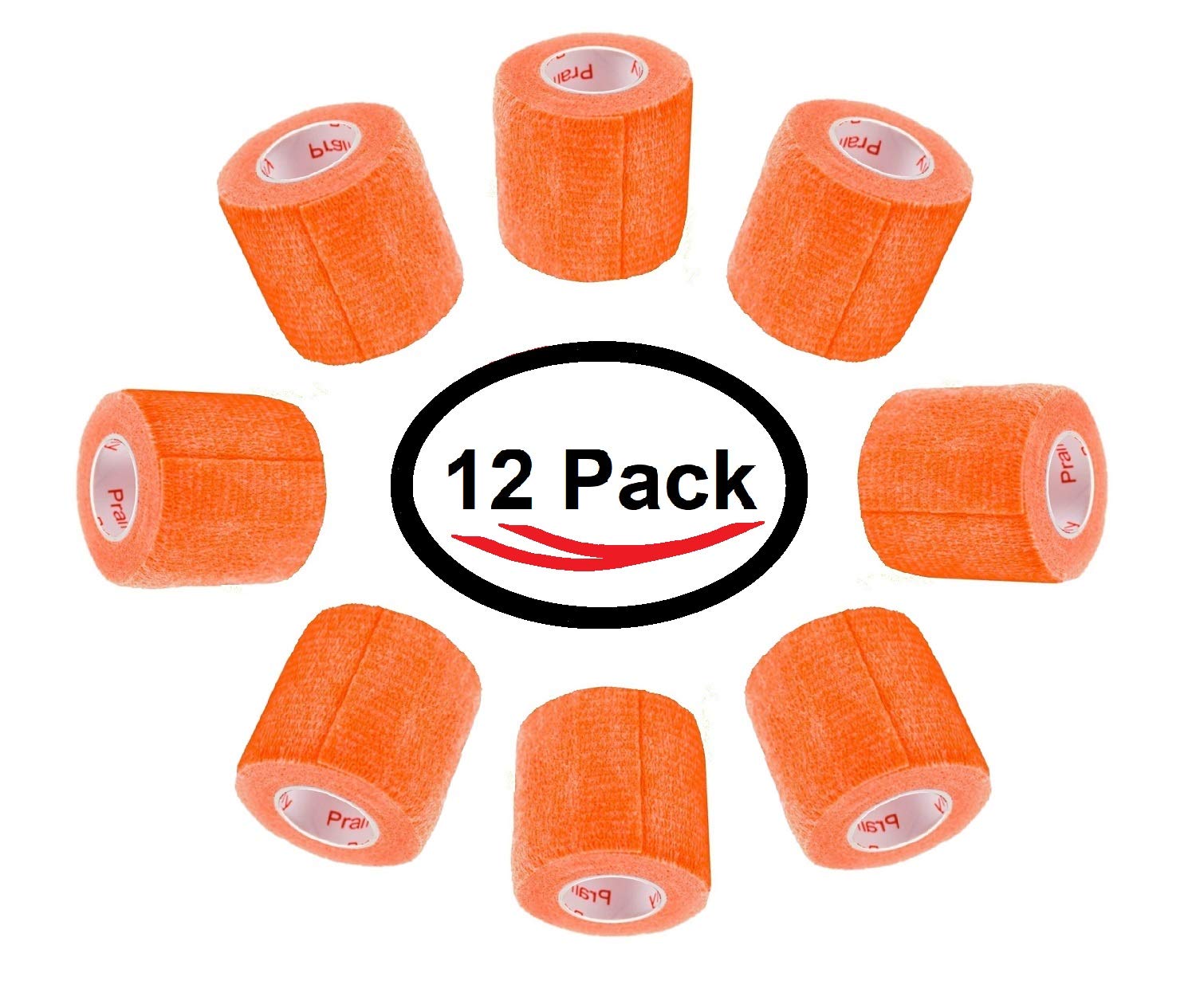 2 Inch Vet Wrap Tape Bulk (Orange) (Pack of 12) Self Adhesive Adherent Adhering Flex Bandage Grip Roll for Dog Cat Pet Horse