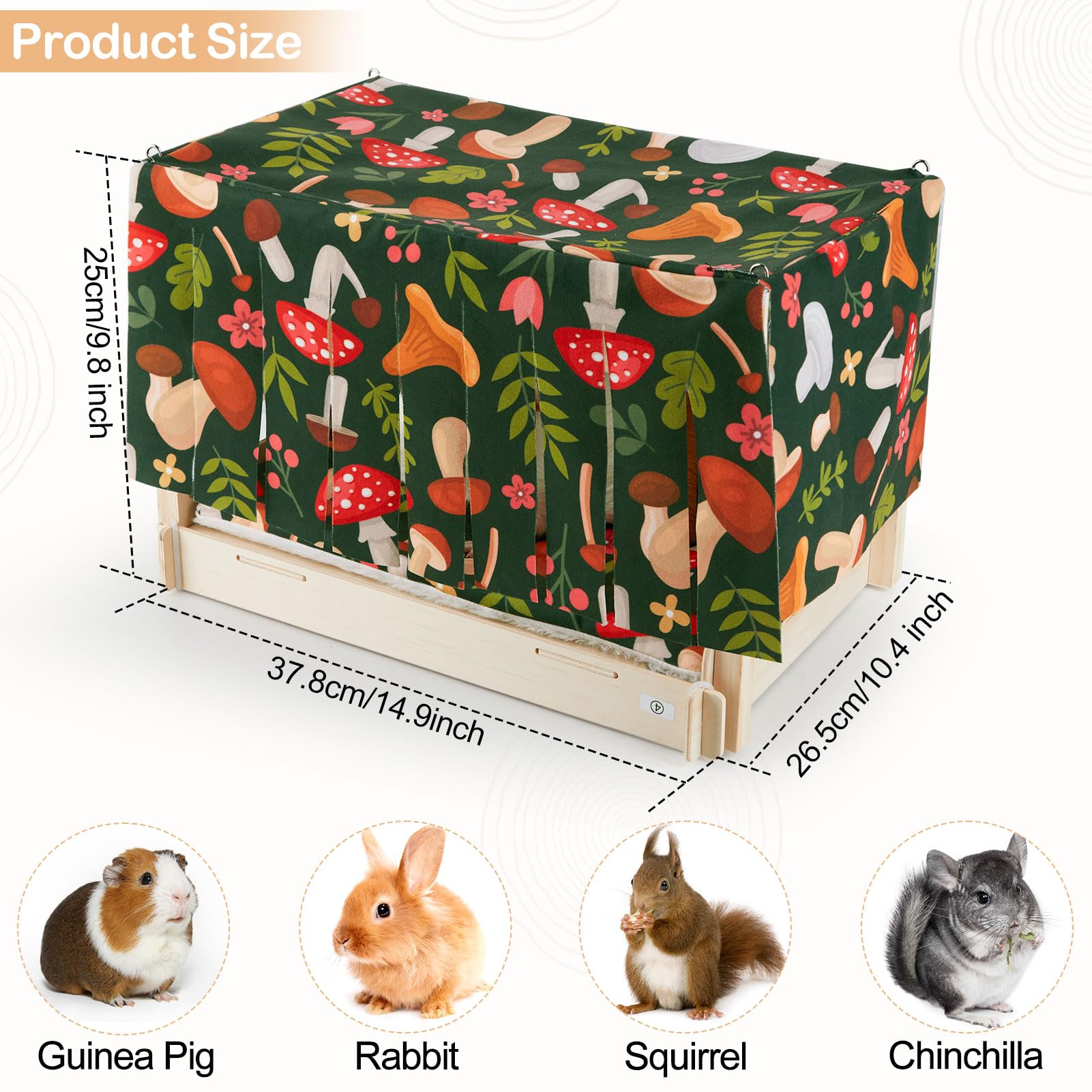 Glittme Guinea Pig Hideout, Wooden Guinea Pig Bed With Waterproof Mat, Durable Rabbit Bed With Door Curtain For Guinea Pig, Rabb