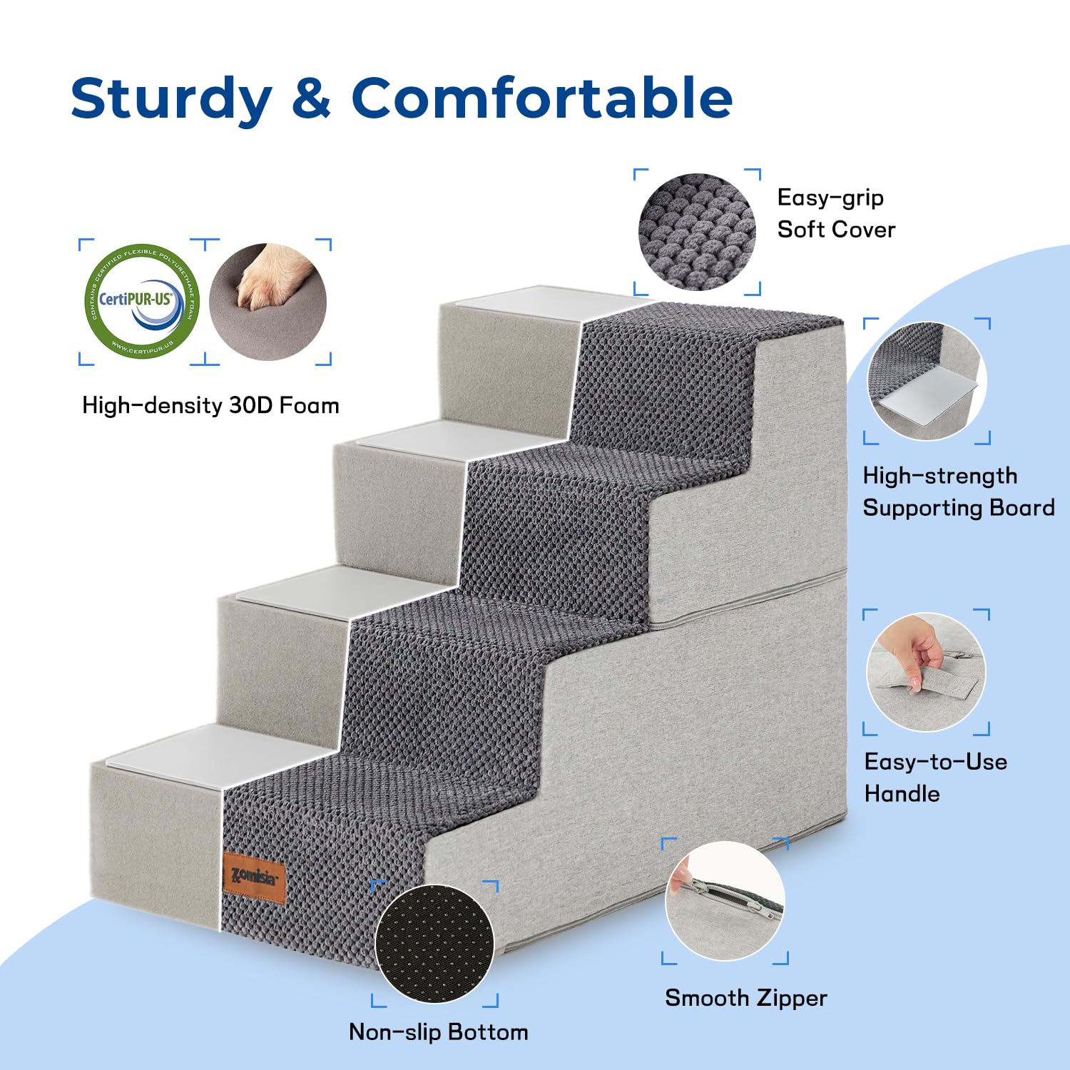 Zomisia Dog Stairs For Small Dogs - Pet Stairs 2 In 1 With Zippers Suitable For Couch And Bed, 30D Foam Dog Steps With Non Slip